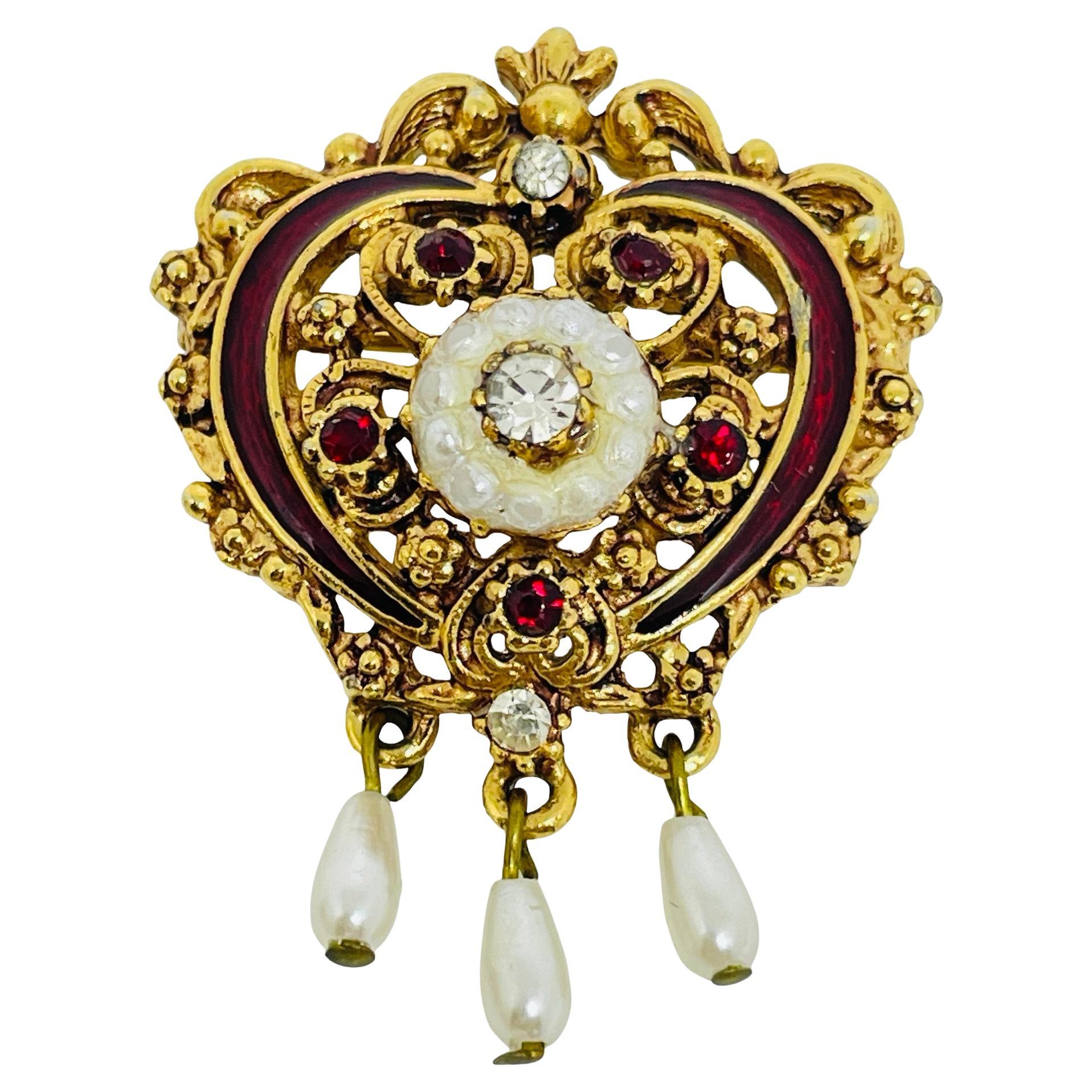 FLORENZA broche de diseño vintage firmado en tono dorado con perlas de esmalte y strass