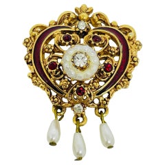 FLORENZA signiert Vintage Gold Ton Strass Emaille Perlen Designer Brosche