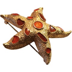 Florenza Textured Gold-Tone and Red Enamel Starfish Brooch, 1960s