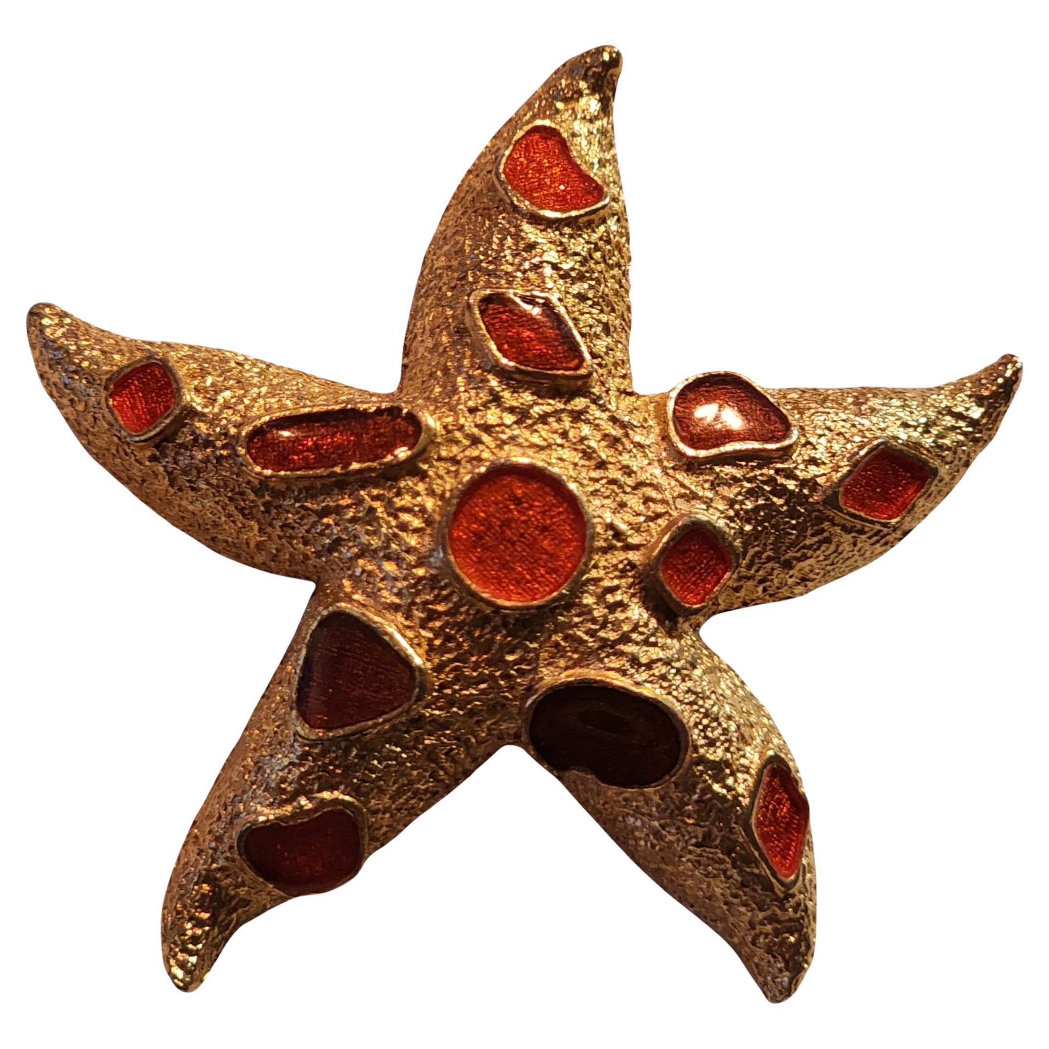 Florenza Textured Gold-Tone and Red Enamel Starfish Brooch, 1960s