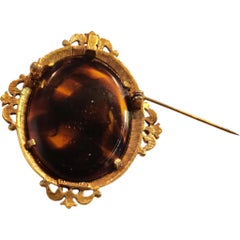 Florenza Tortoise Shell Glass Cameo Brooch with Ornate Gold-Tone Frame, 1950s