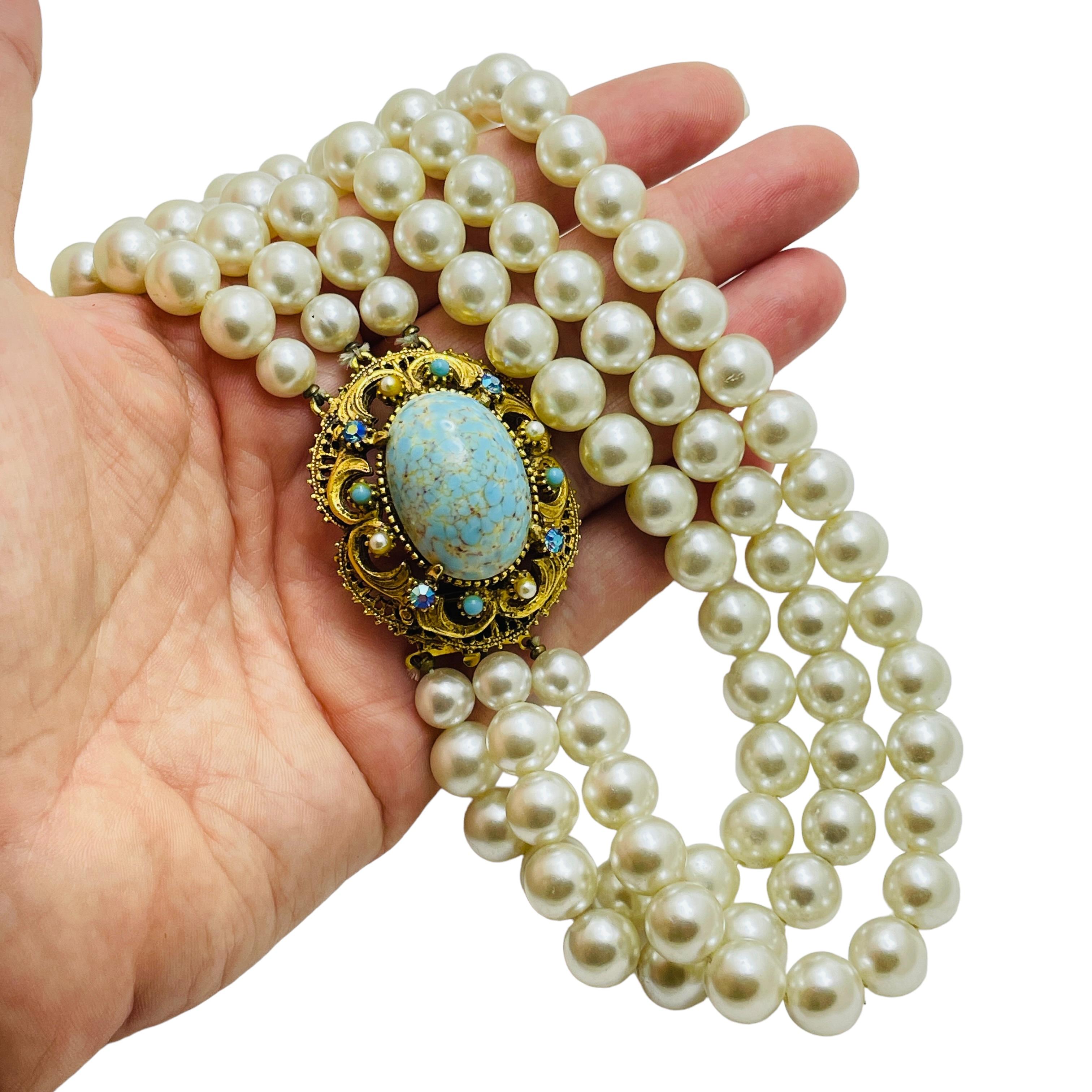 FLORENZA vintage gold faux turquoise pearl designer necklace In Good Condition For Sale In Palos Hills, IL