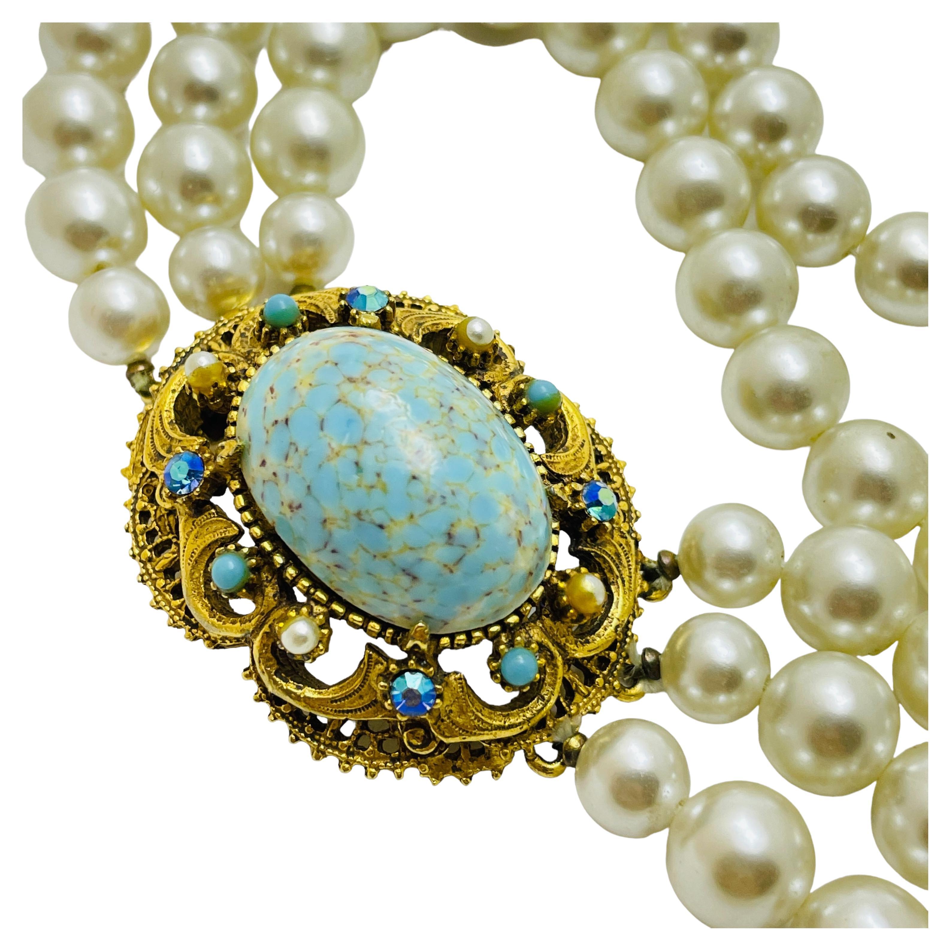 FLORENZA vintage gold faux turquoise pearl designer necklace For Sale