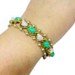 FLORENZA vintage gold tone glass green jade pearls chain designer bracelet