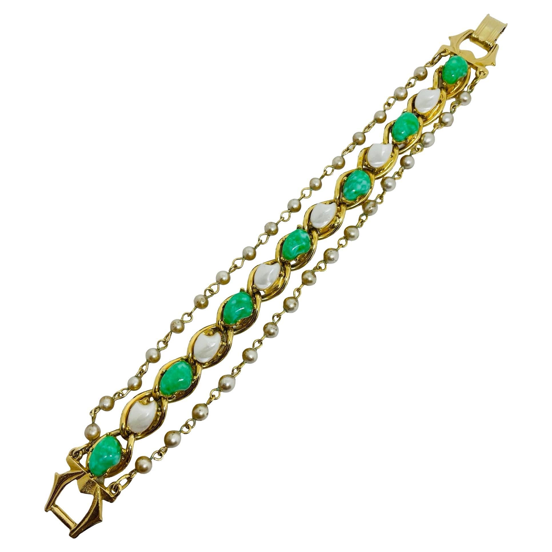 FLORENZA vintage gold tone glass green jade pearls chain designer bracelet