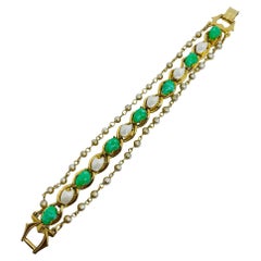 FLORENZA vintage gold tone glass green jade pearls chain designer bracelet