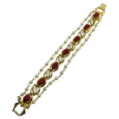 FLORENZA vintage gold tone glass red carnelian pearls chain designer bracelet