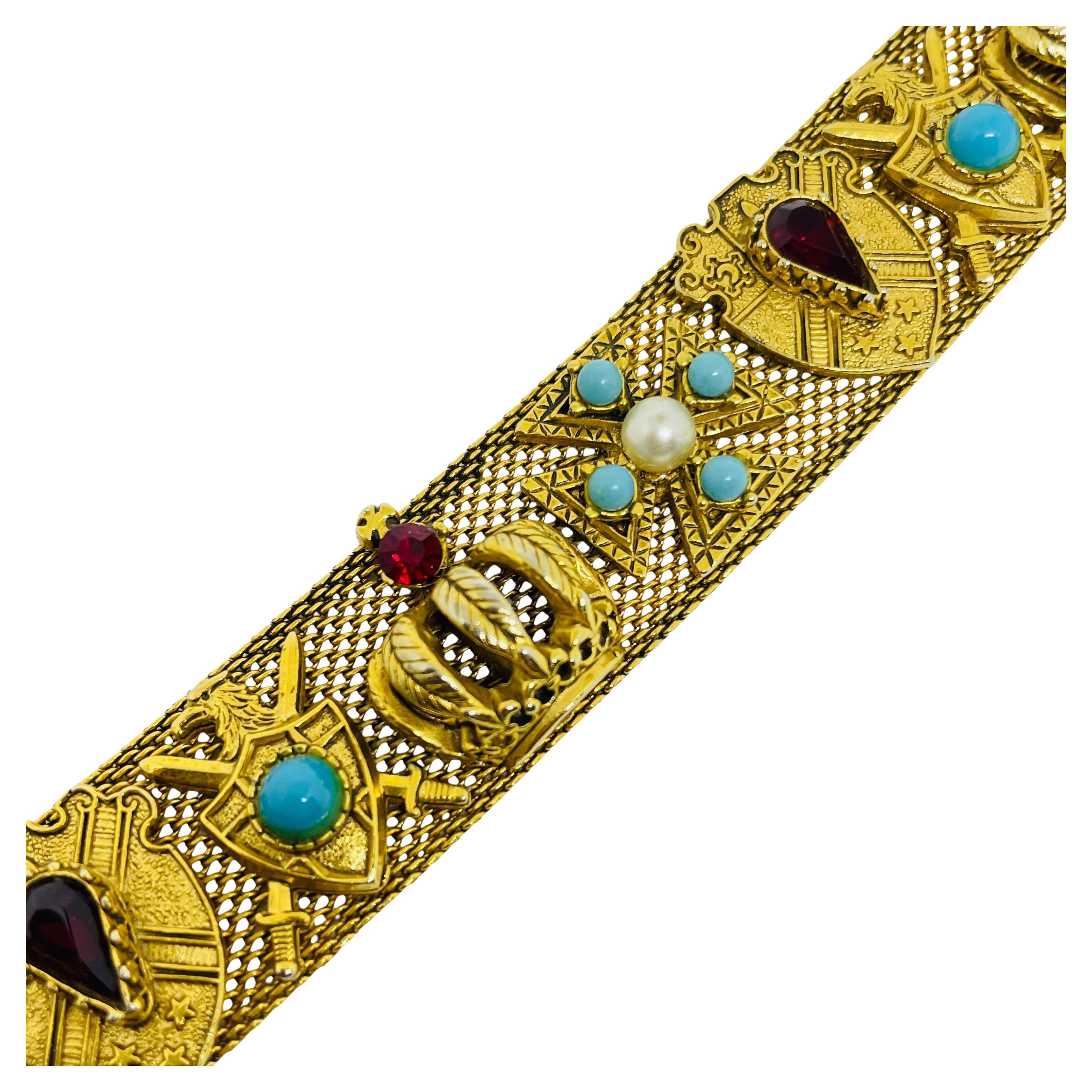 FLORENZA pulsera de diseño vintage firmada en tono dorado de imitación turquesa perla granate