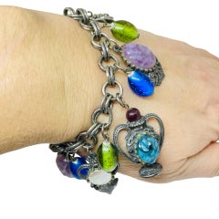 FLORENZA vintage signed silver tone chain charm designer bracelet