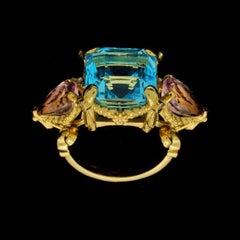 Sky Blue Topaz, Pink Tourmalines, Diamonds, & 9k Yellow Gold Antique Style Ring
