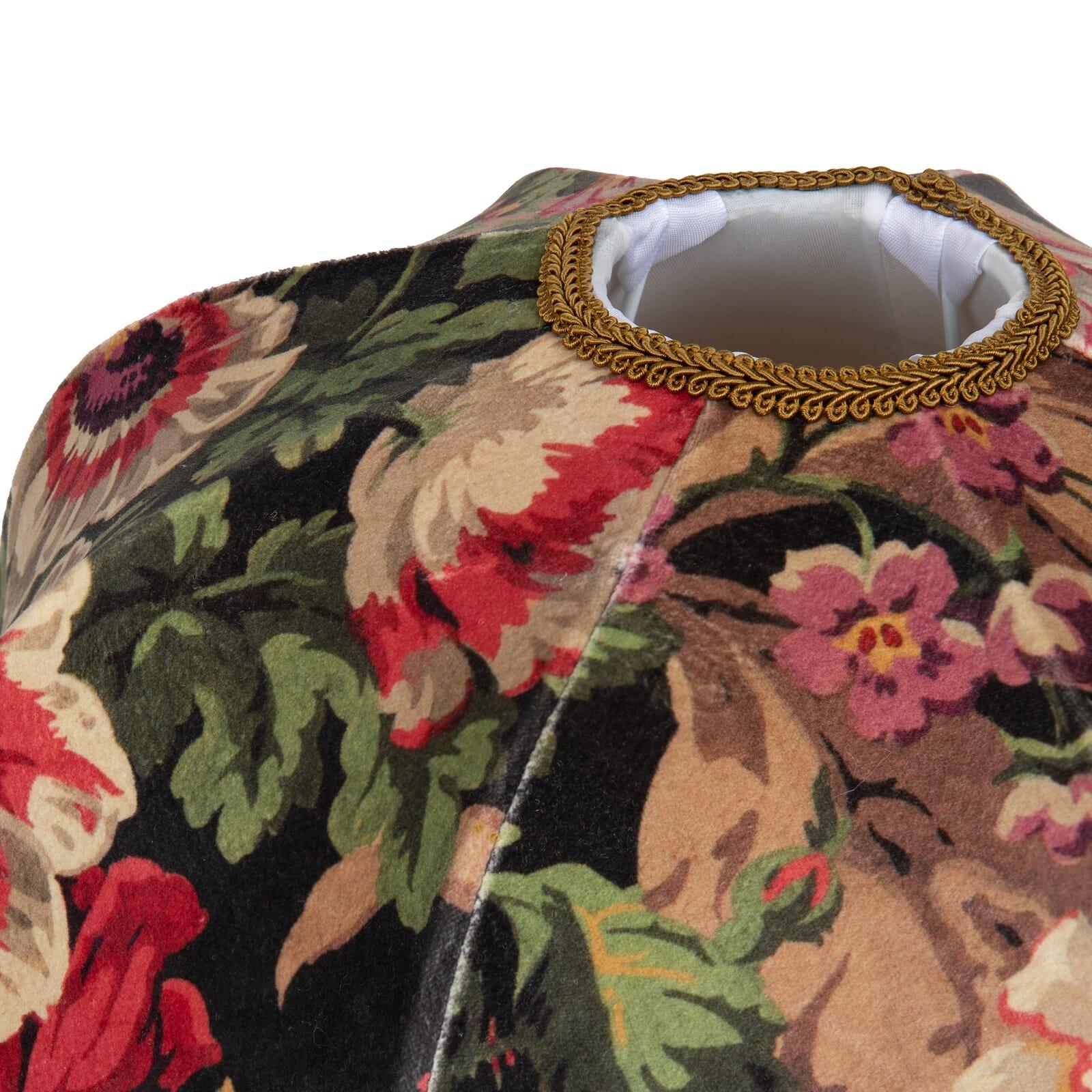 Add a touch of floral finesse to your home with the FLORESCENSE lampshade in dark and decadent black velvet. Handcrafted to order, this Victorian shaped beauty would look especially chic paired with one of our standout lamp bases.

Please note that