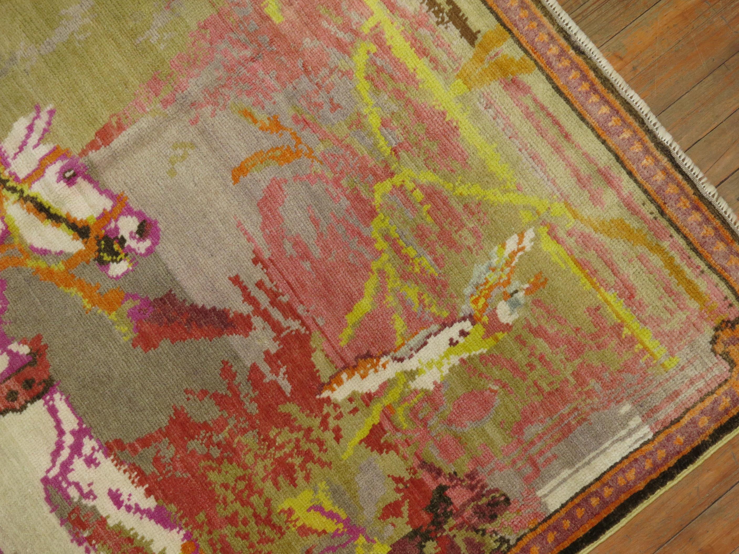 Hand-Woven Florescent Pictorial Karabagh Rug For Sale