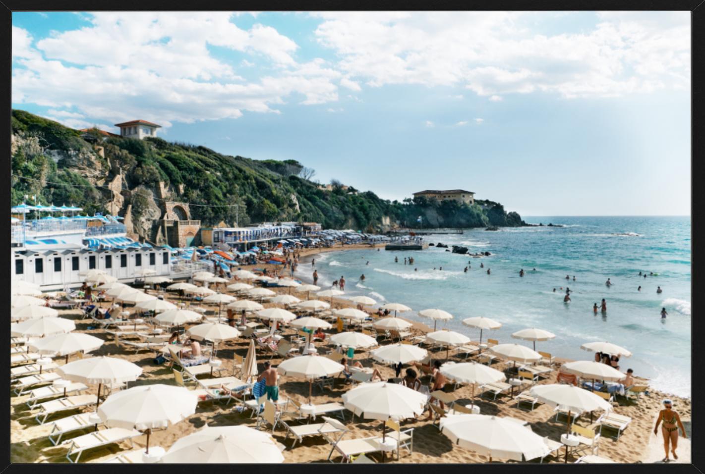 Quercetano Italy Uno- Beach and Sea View with Umbrellas, People, and Mountains - Gray Landscape Photograph by Florian Innerkofler