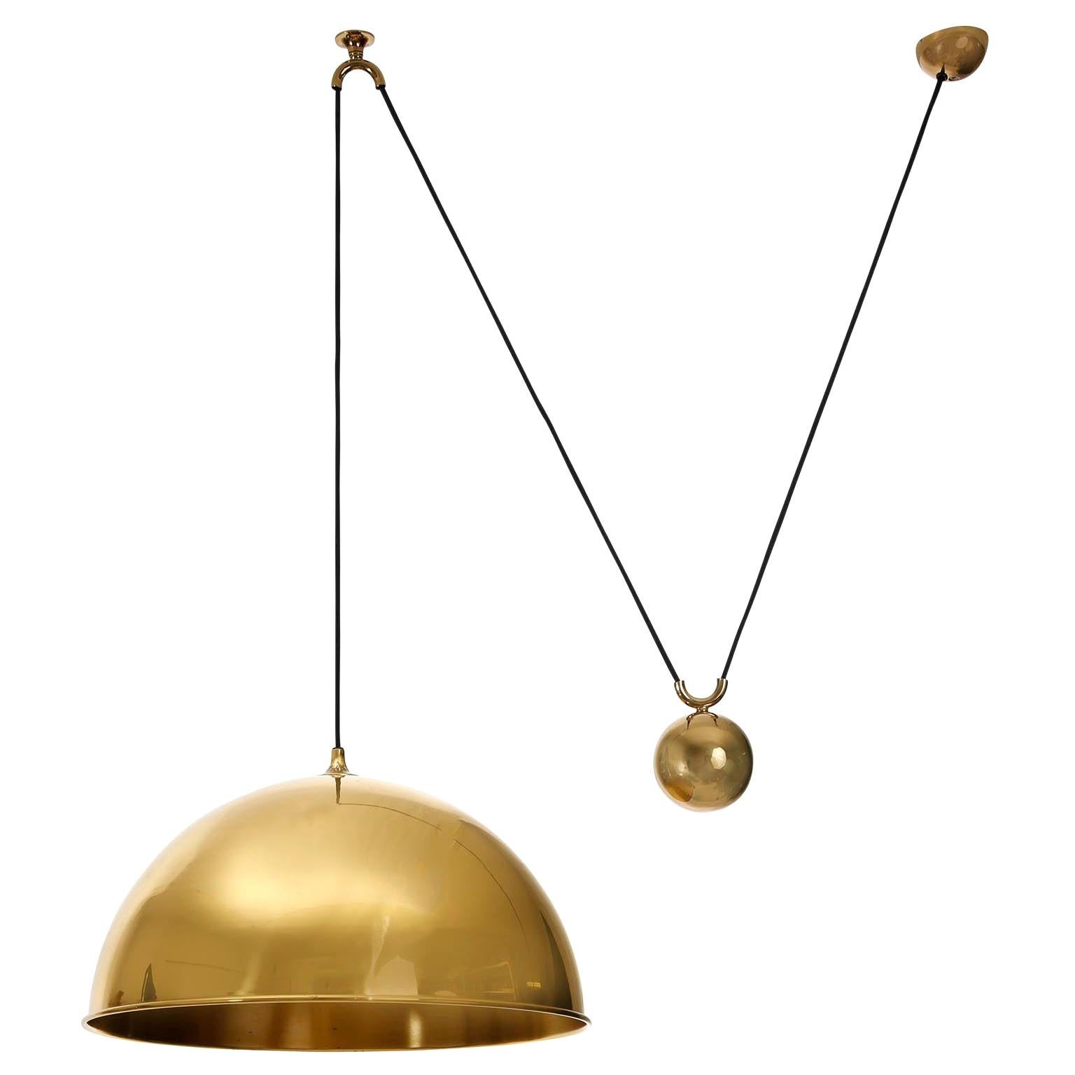 Florian Schulz Dome Pendant Light, Brass Counterweight Counter Balance, 1970