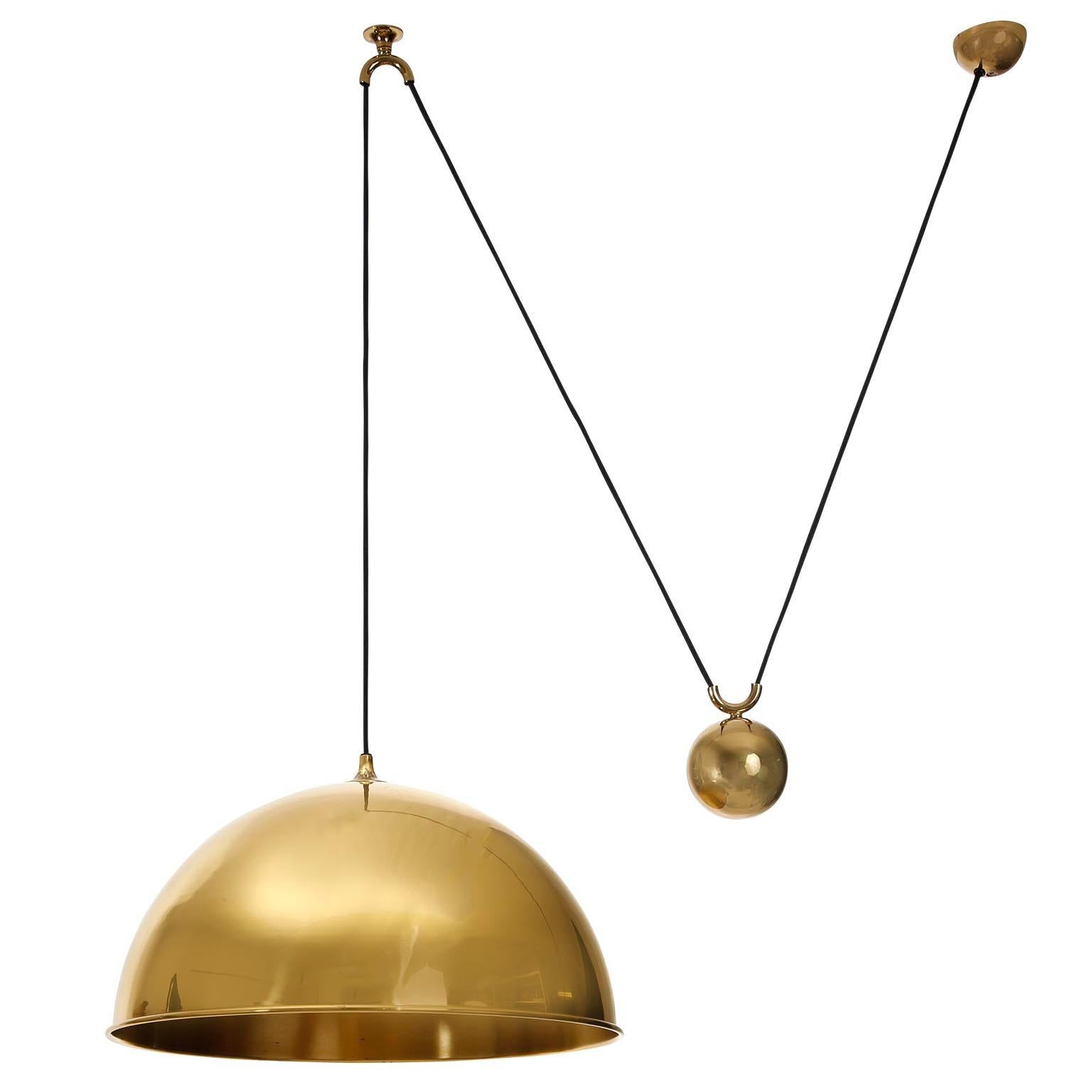 Florian Schulz Dome Pendant Light, Brass Counterweight Counter Balance, 1970