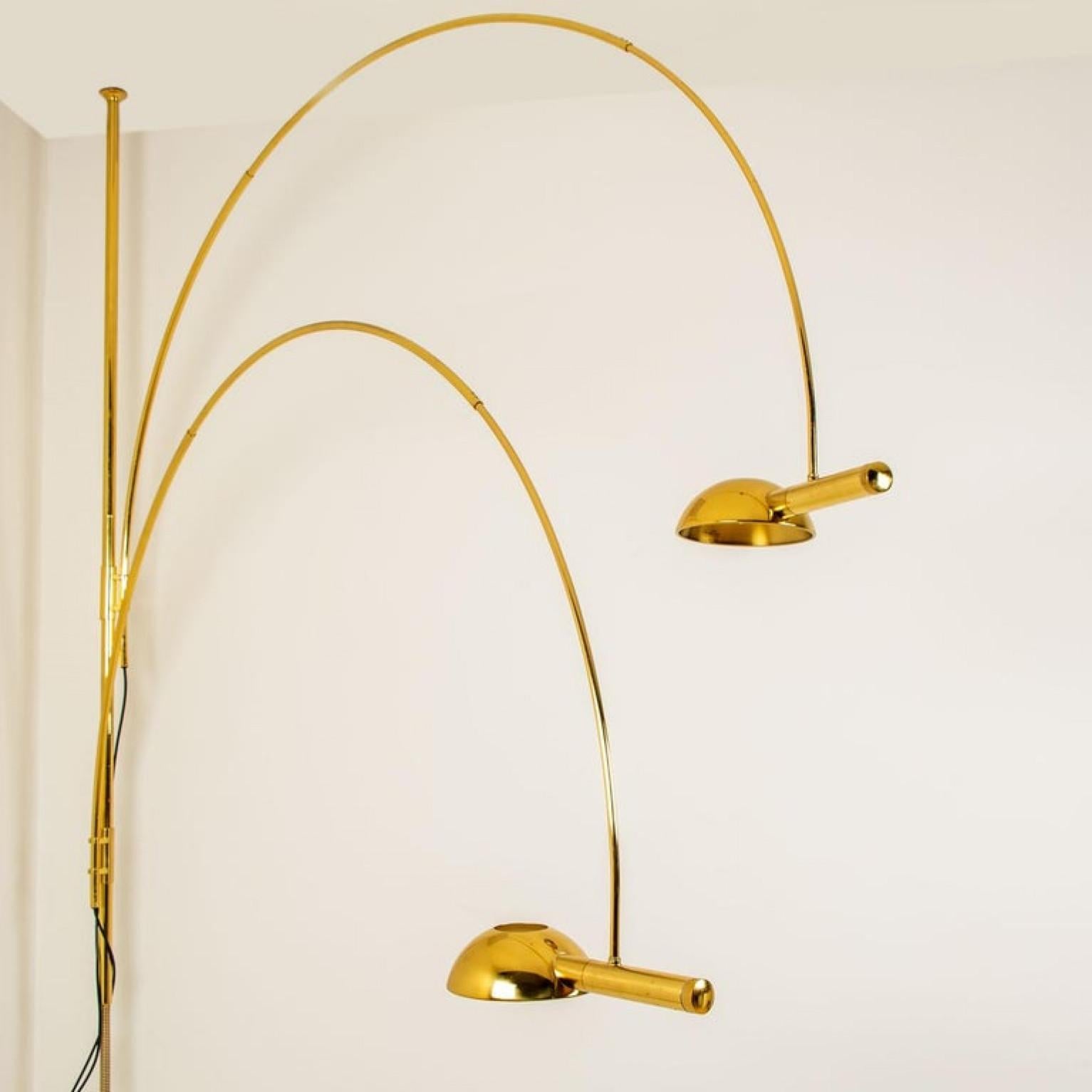 German Florian Schulz Double Ball Brass Arc Floor Lamp, Height Adjustable, 1970 For Sale