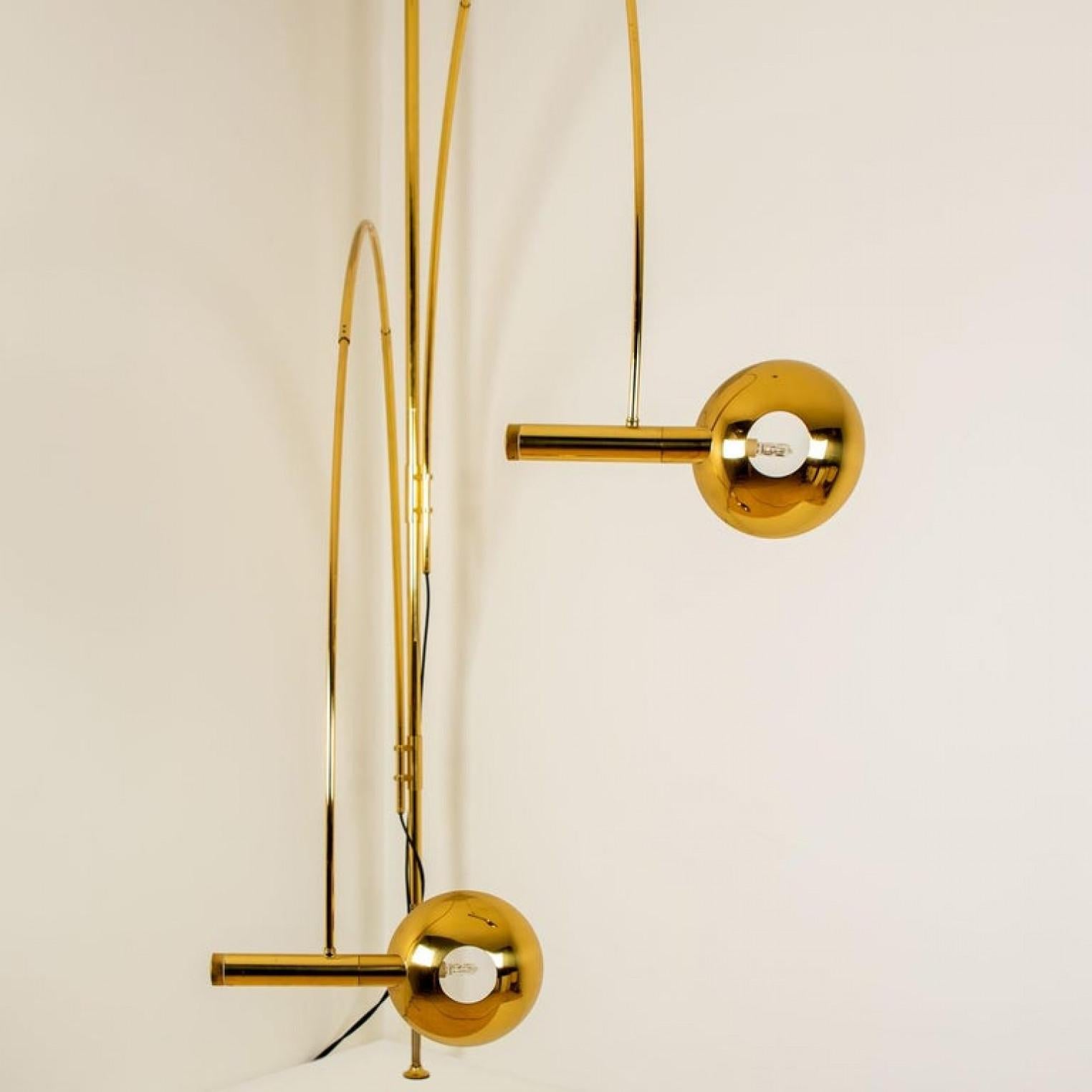 Late 20th Century Florian Schulz Double Ball Brass Arc Floor Lamp, Height Adjustable, 1970 For Sale