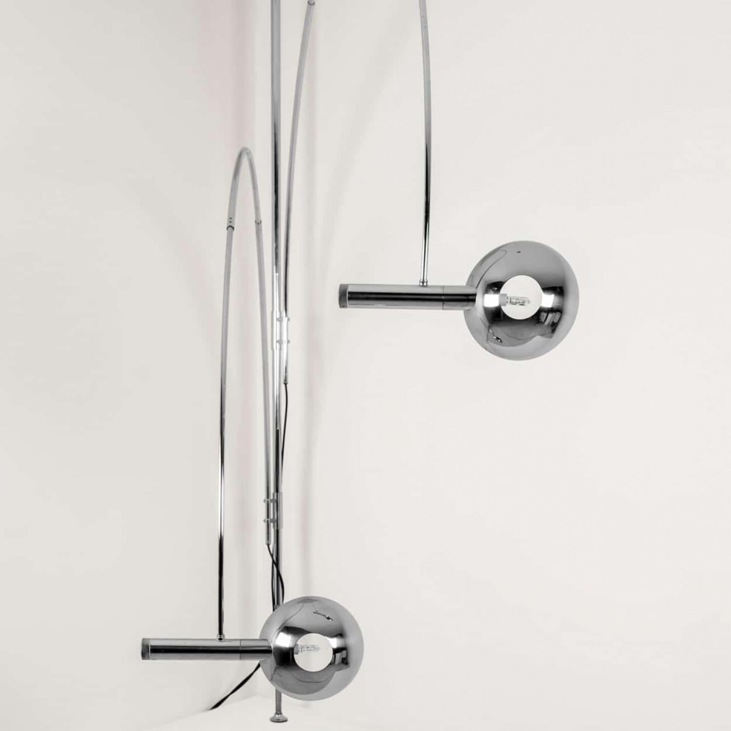 Florian Schulz Double Ball Chrome Arc Floor Lamp, Height Adjustable, 1970 Alemán en venta