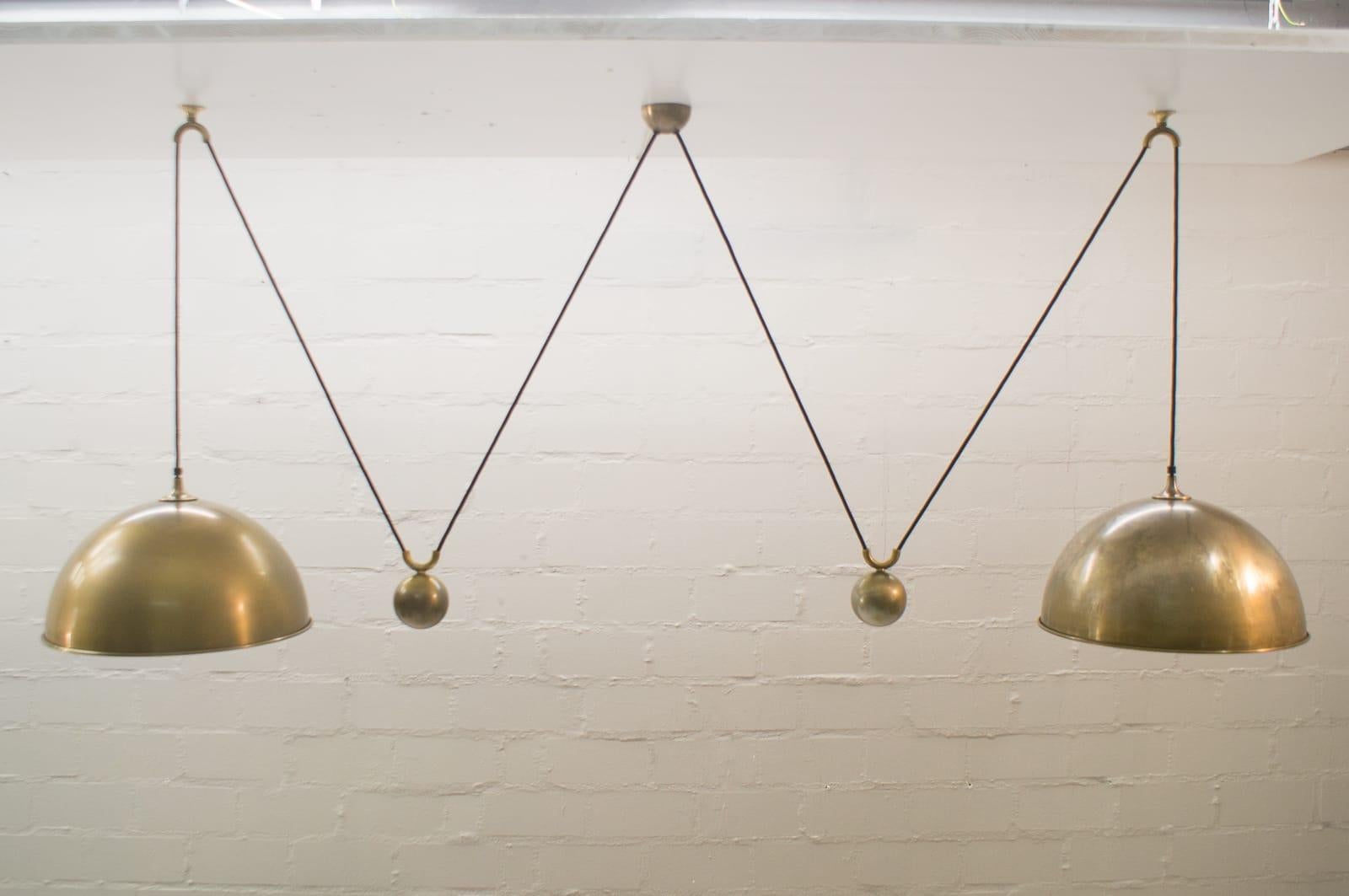 Mid-Century Modern Florian Schulz Double Posa Brass Pendant Lamp with Side Counter Weights