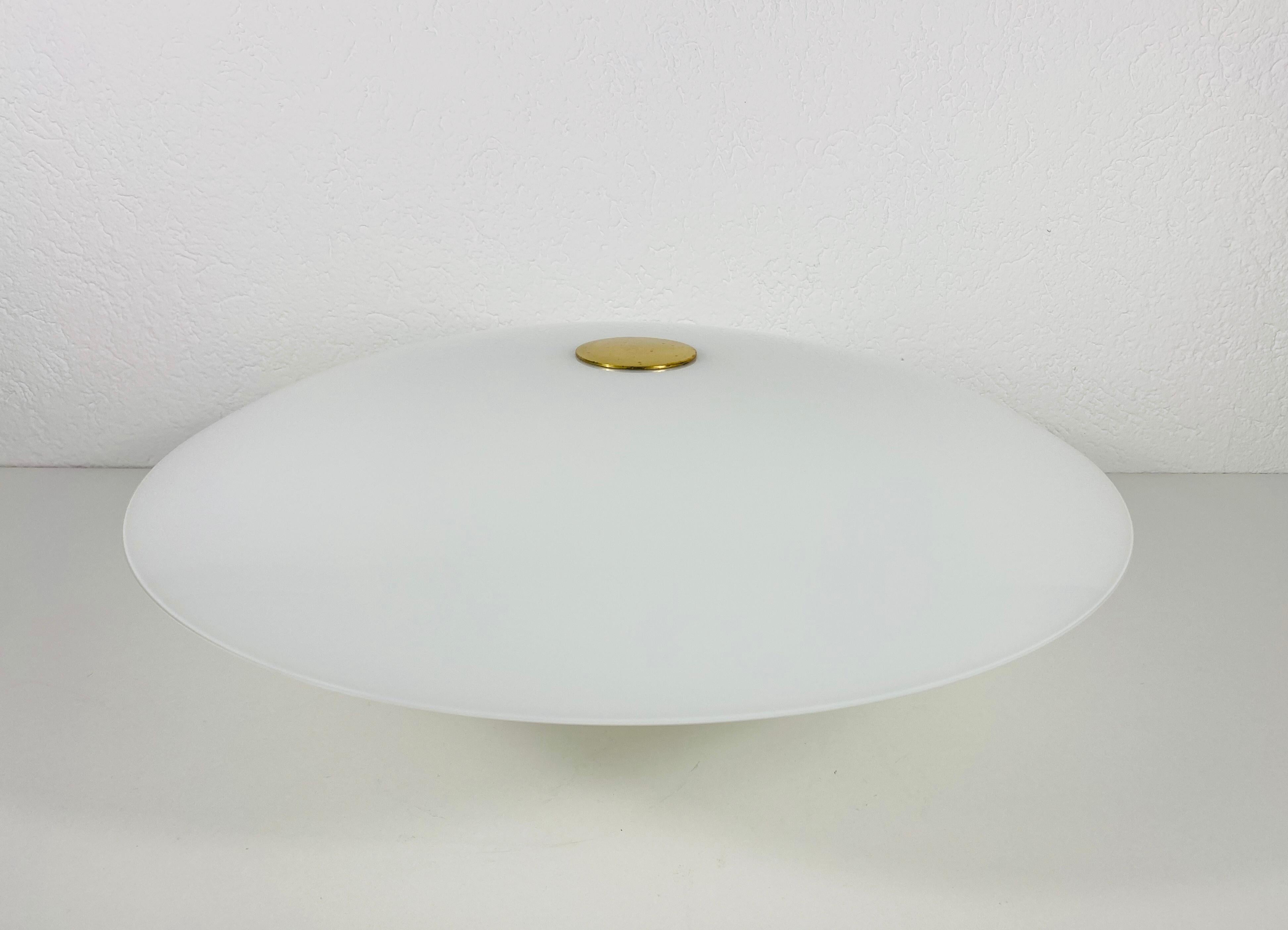 Late 20th Century Florian Schulz Midcentury Brass and Opal Glass Flush Mount or Wall Lamp, 1960s
