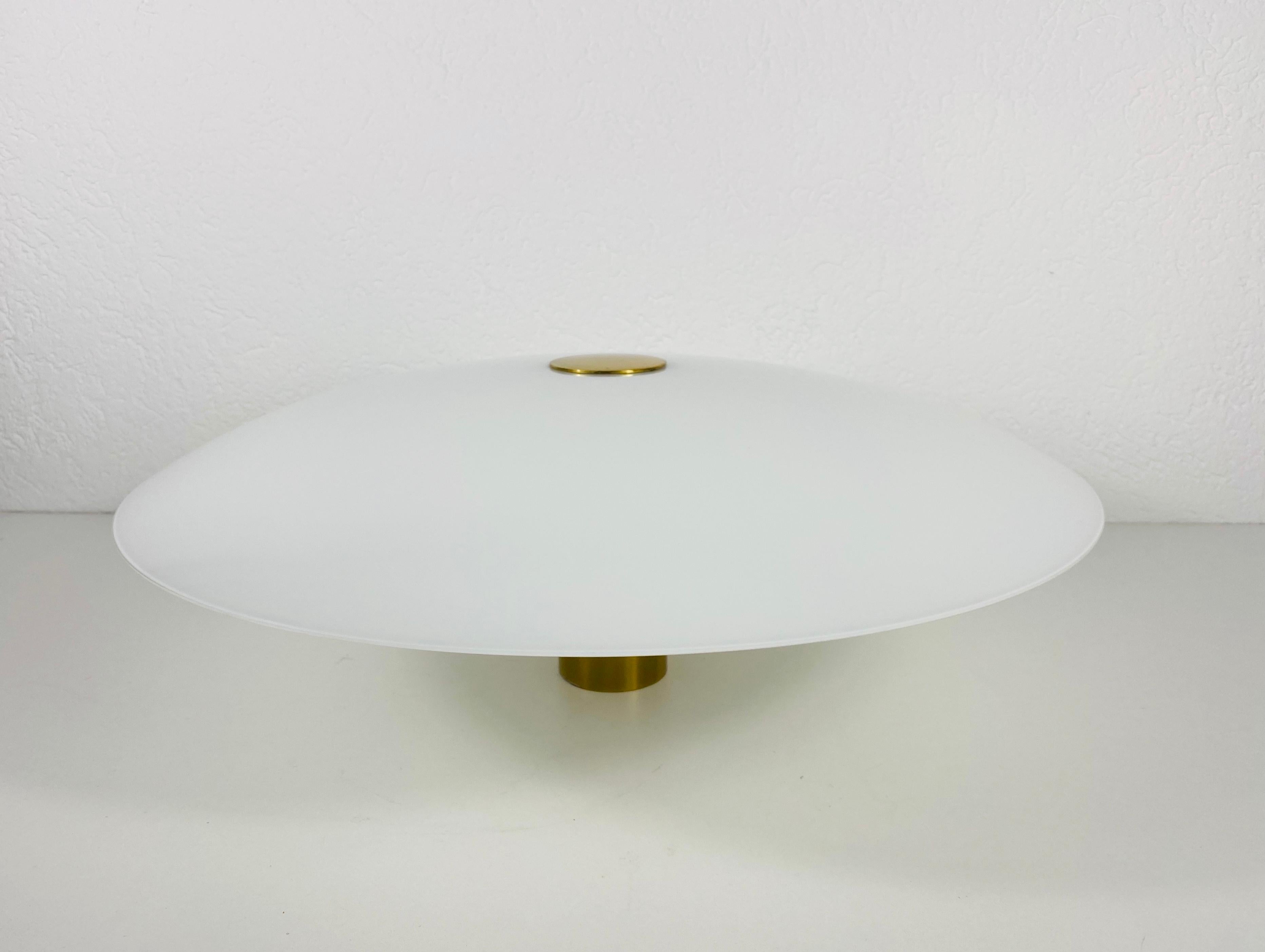 Florian Schulz Midcentury Brass and Opal Glass Flush Mount or Wall Lamp, 1960s 2