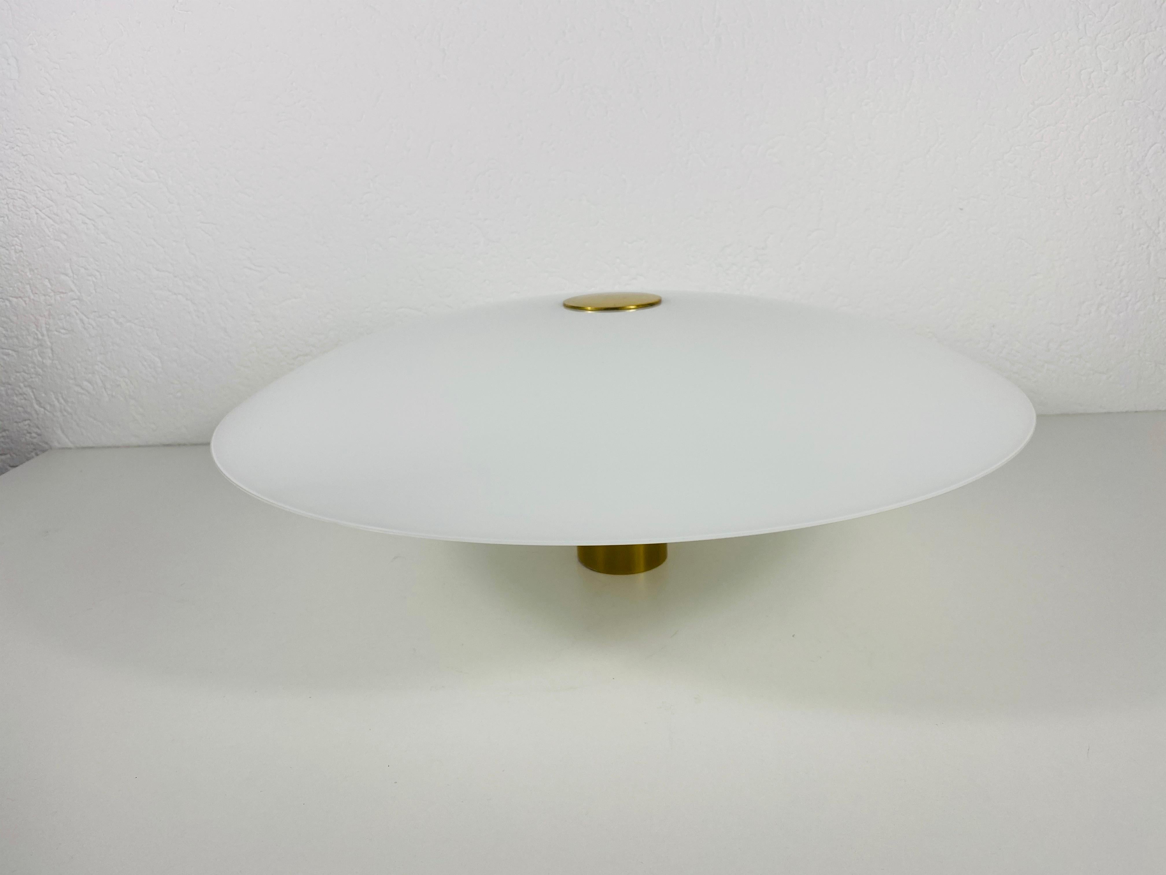 Florian Schulz Midcentury Brass and Opal Glass Flush Mount or Wall Lamp, 1960s 3