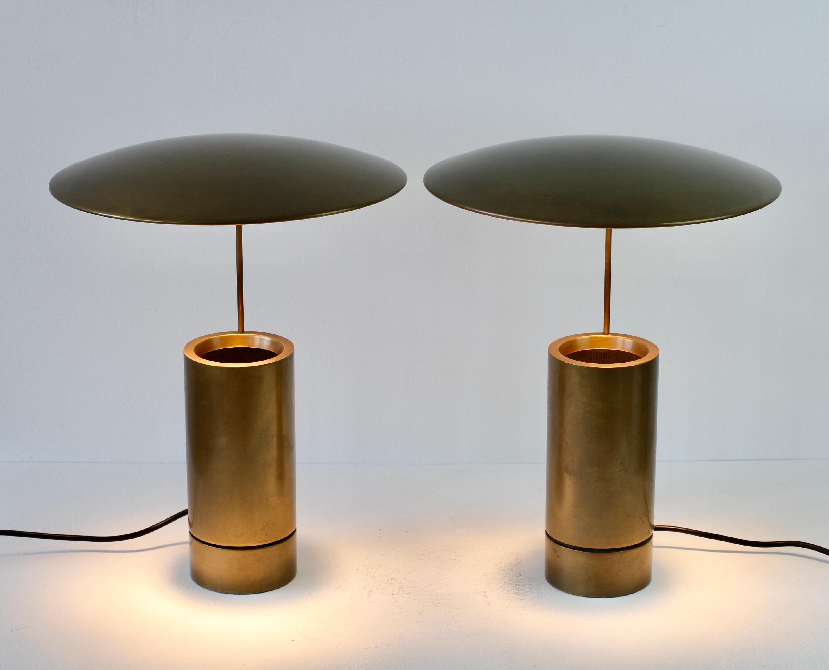 Mid-Century Modern Florian Schulz Rare Pair or 'TOS' Vintage Modernist Brushed Brass Table Lamps