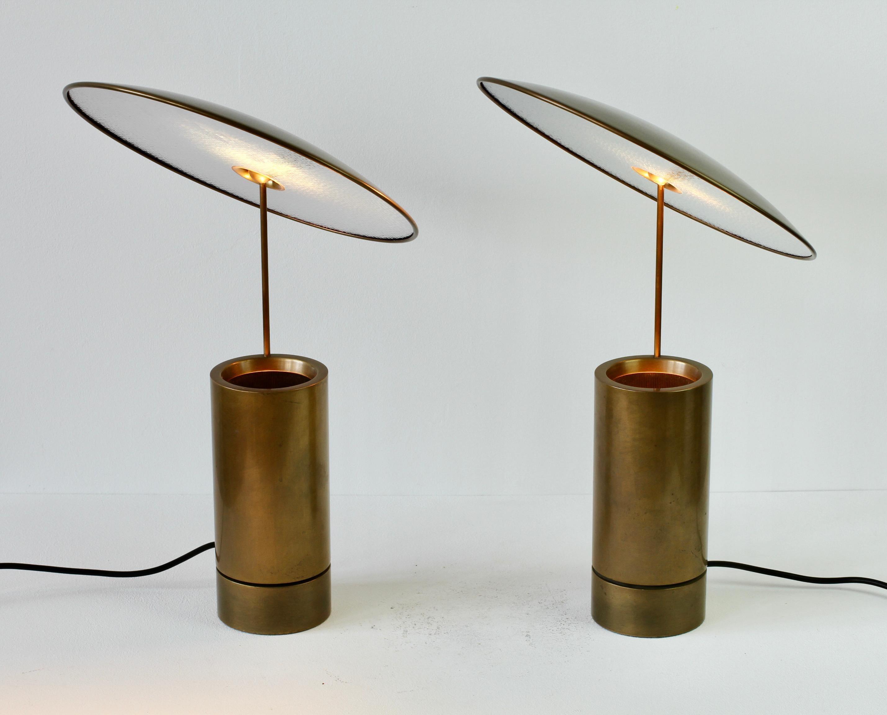 German Florian Schulz Rare Pair or 'TOS' Vintage Modernist Brushed Brass Table Lamps