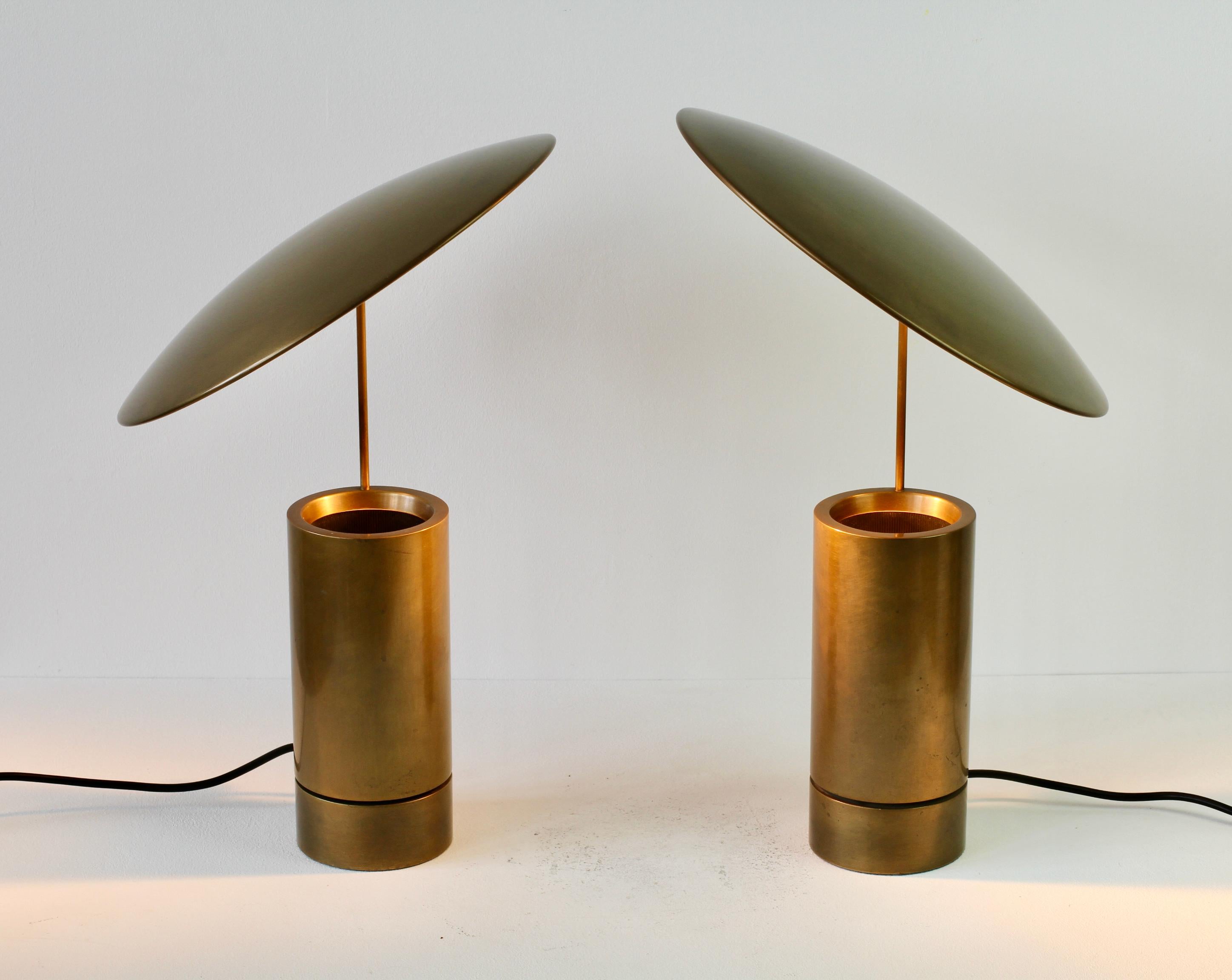 20th Century Florian Schulz Rare Pair or 'TOS' Vintage Modernist Brushed Brass Table Lamps