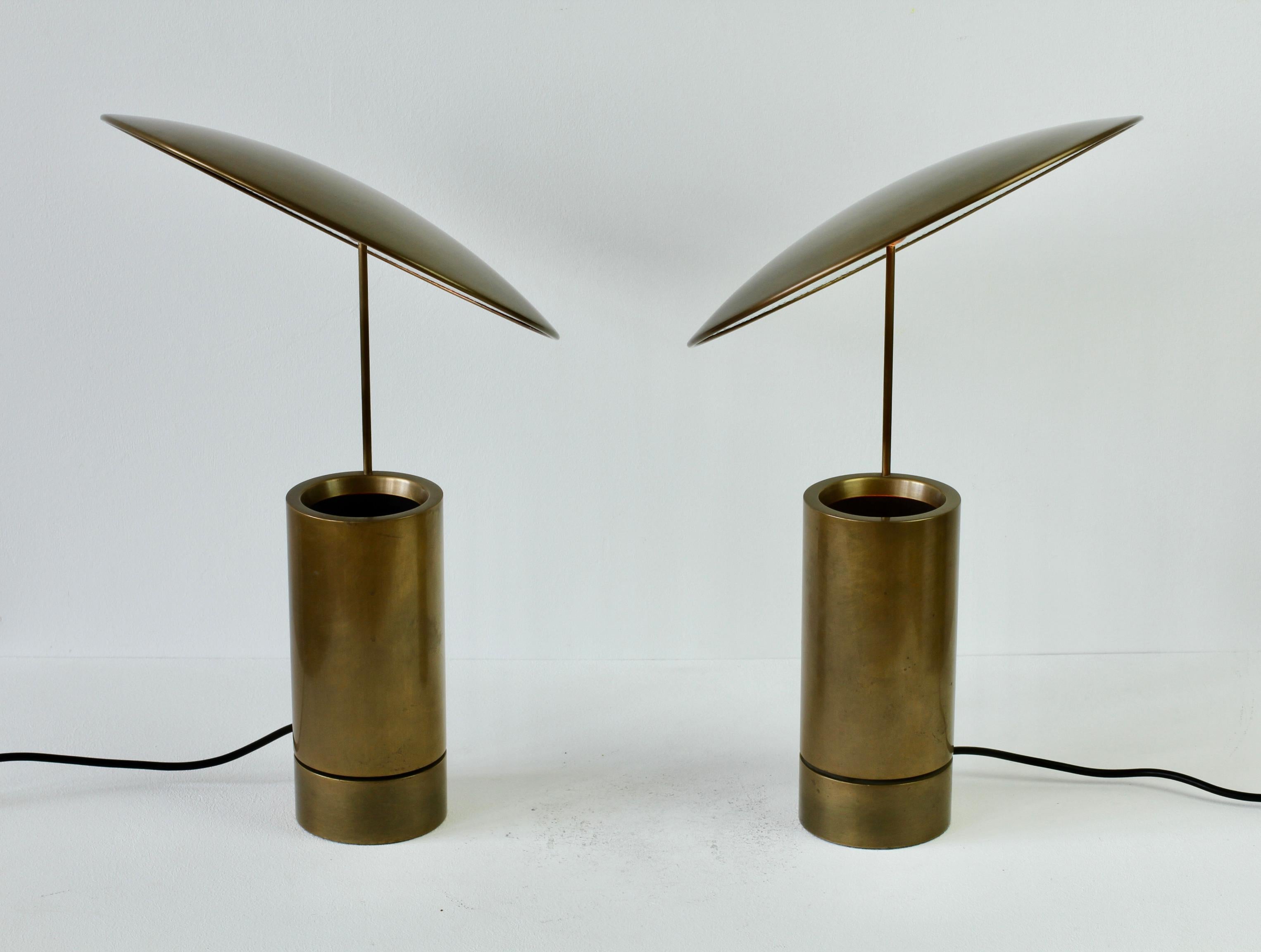 Metal Florian Schulz Rare Pair or 'TOS' Vintage Modernist Brushed Brass Table Lamps