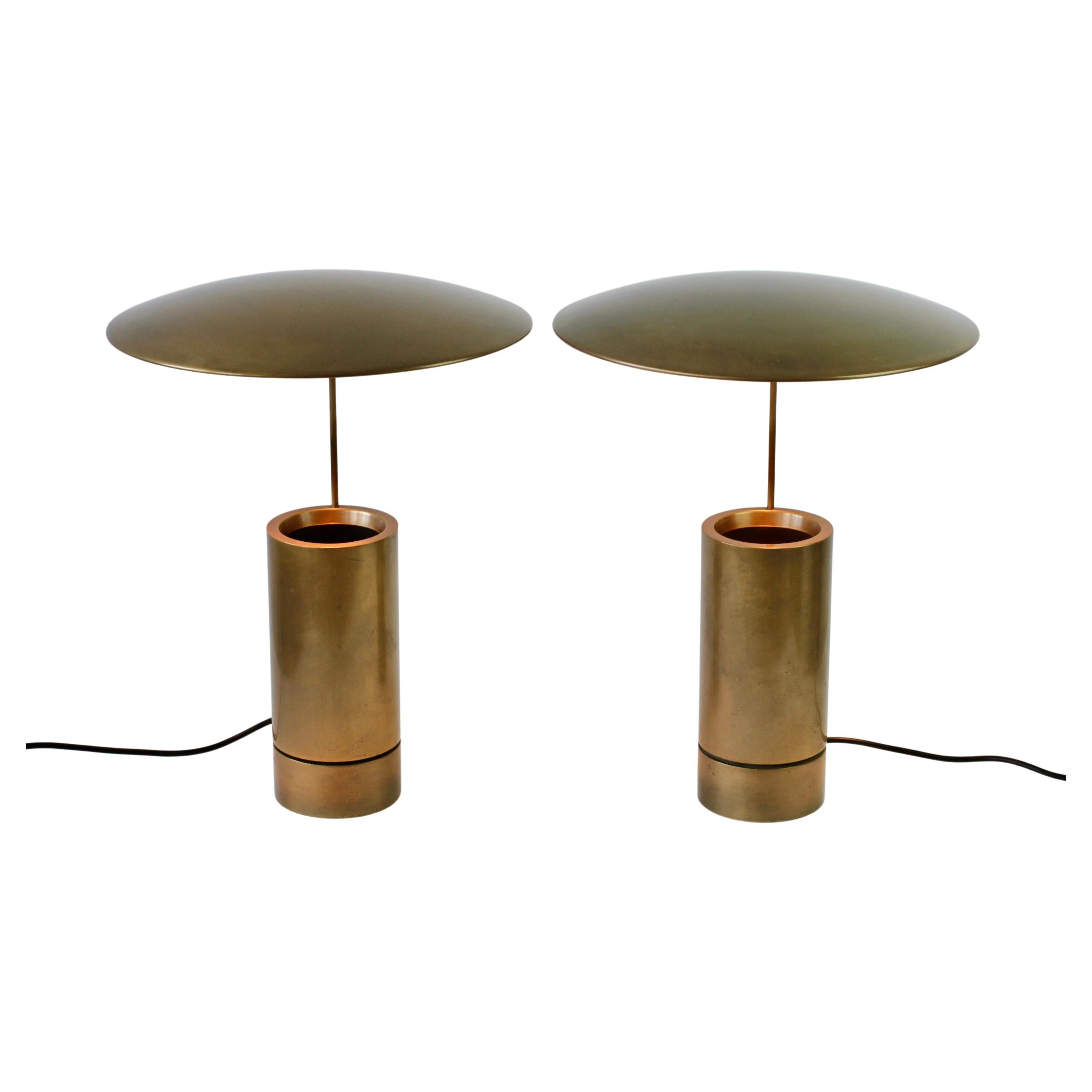 Florian Schulz Rare Pair or 'TOS' Vintage Modernist Brushed Brass Table Lamps