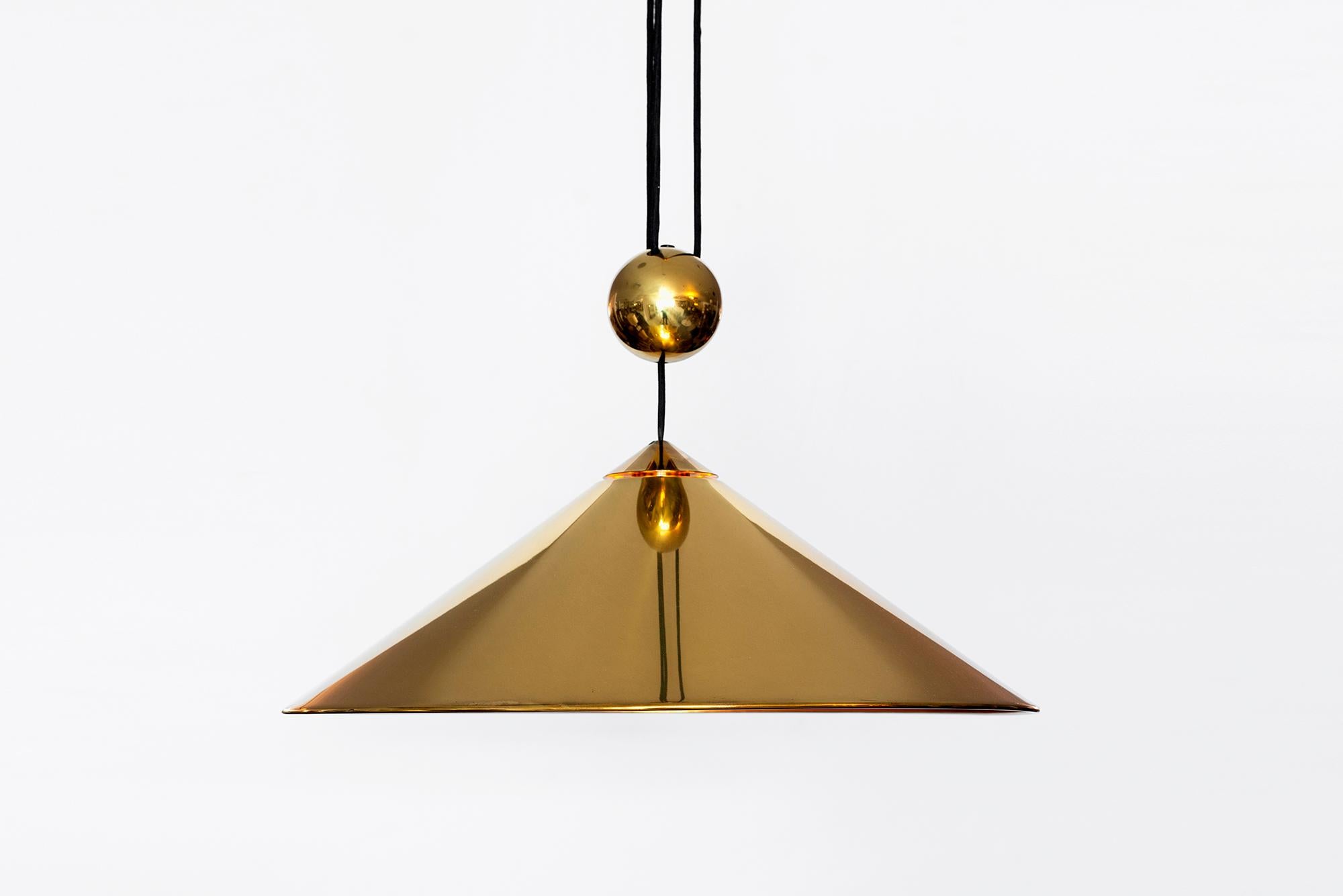 Vintage single Florian Schulz counterbalance pendant in brass
Large cone shaped shade. 
Newly rewired

Measures: Height varies from 49