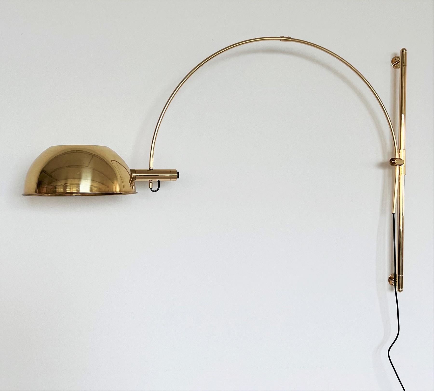 German Florian Schulz Vintage Adjustable Wall Mounted Arc Lamp in Brass, 1970s