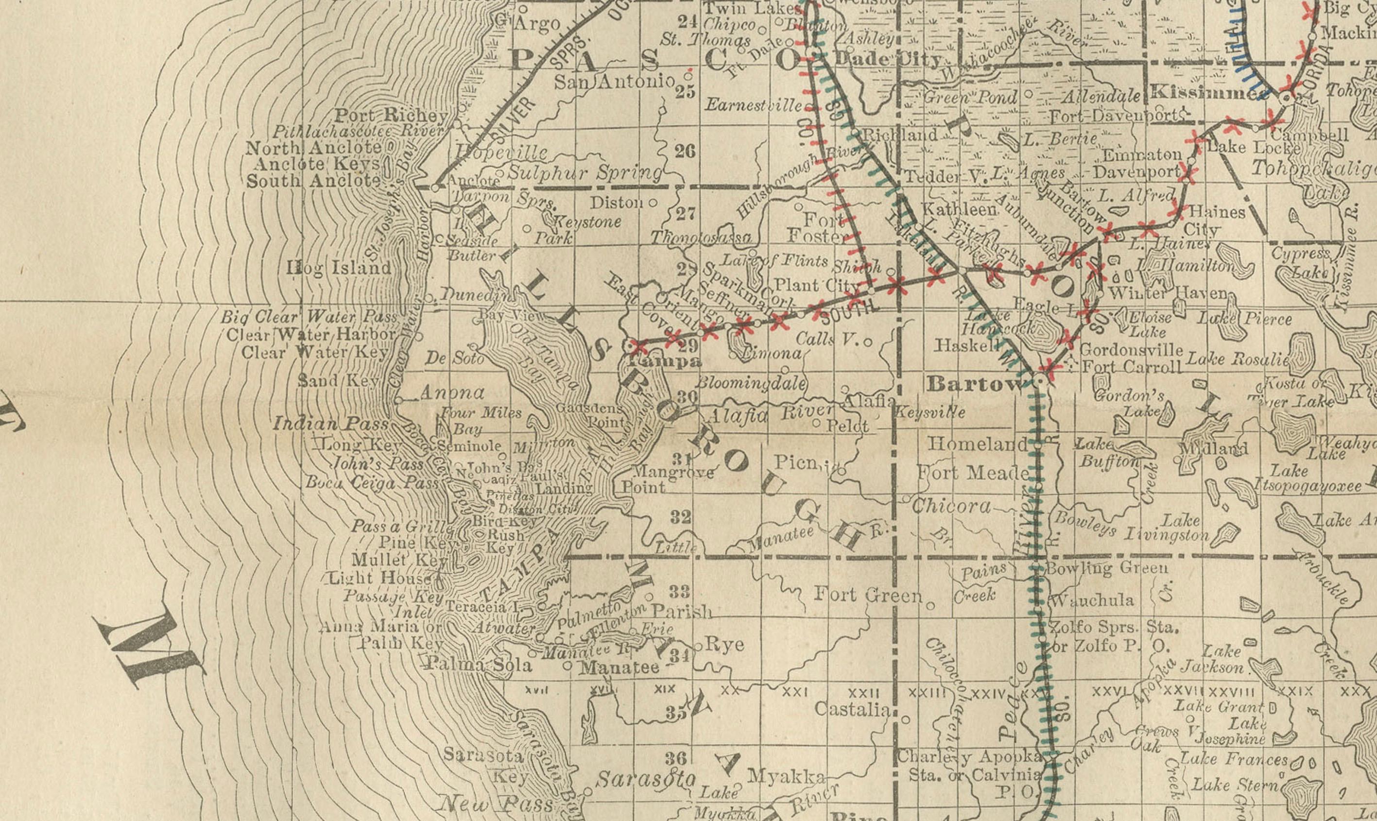 Florida 1888 Mapa Antiguo - Ferrocarriles, Asentamientos y Detalles de la Costa del Golfo en venta 3