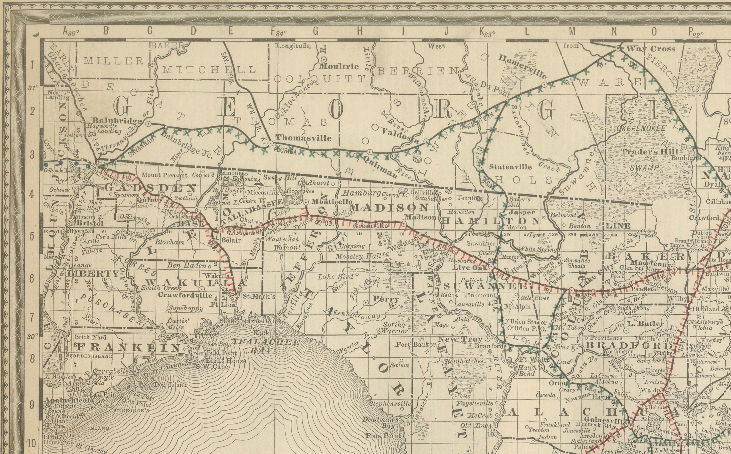 Florida 1888 Mapa Antiguo - Ferrocarriles, Asentamientos y Detalles de la Costa del Golfo Estadounidense en venta
