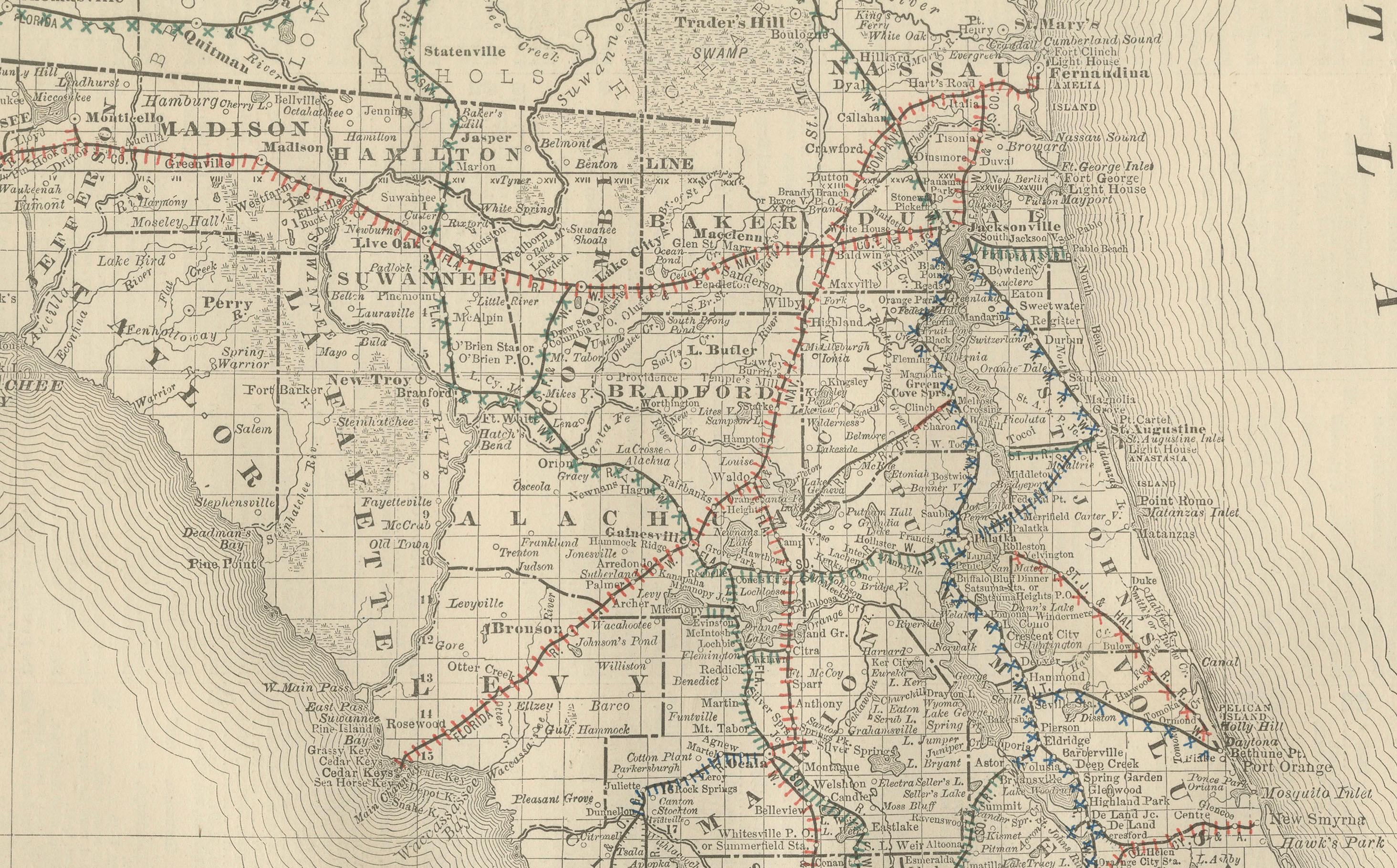 Florida 1888 Mapa Antiguo - Ferrocarriles, Asentamientos y Detalles de la Costa del Golfo Grabado en venta