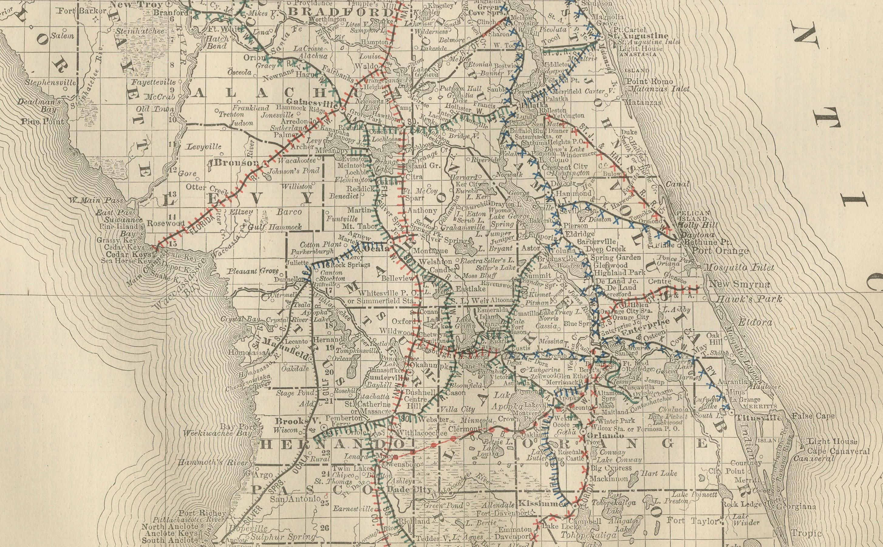 Florida 1888 Mapa Antiguo - Ferrocarriles, Asentamientos y Detalles de la Costa del Golfo en Bueno estado para la venta en Langweer, NL
