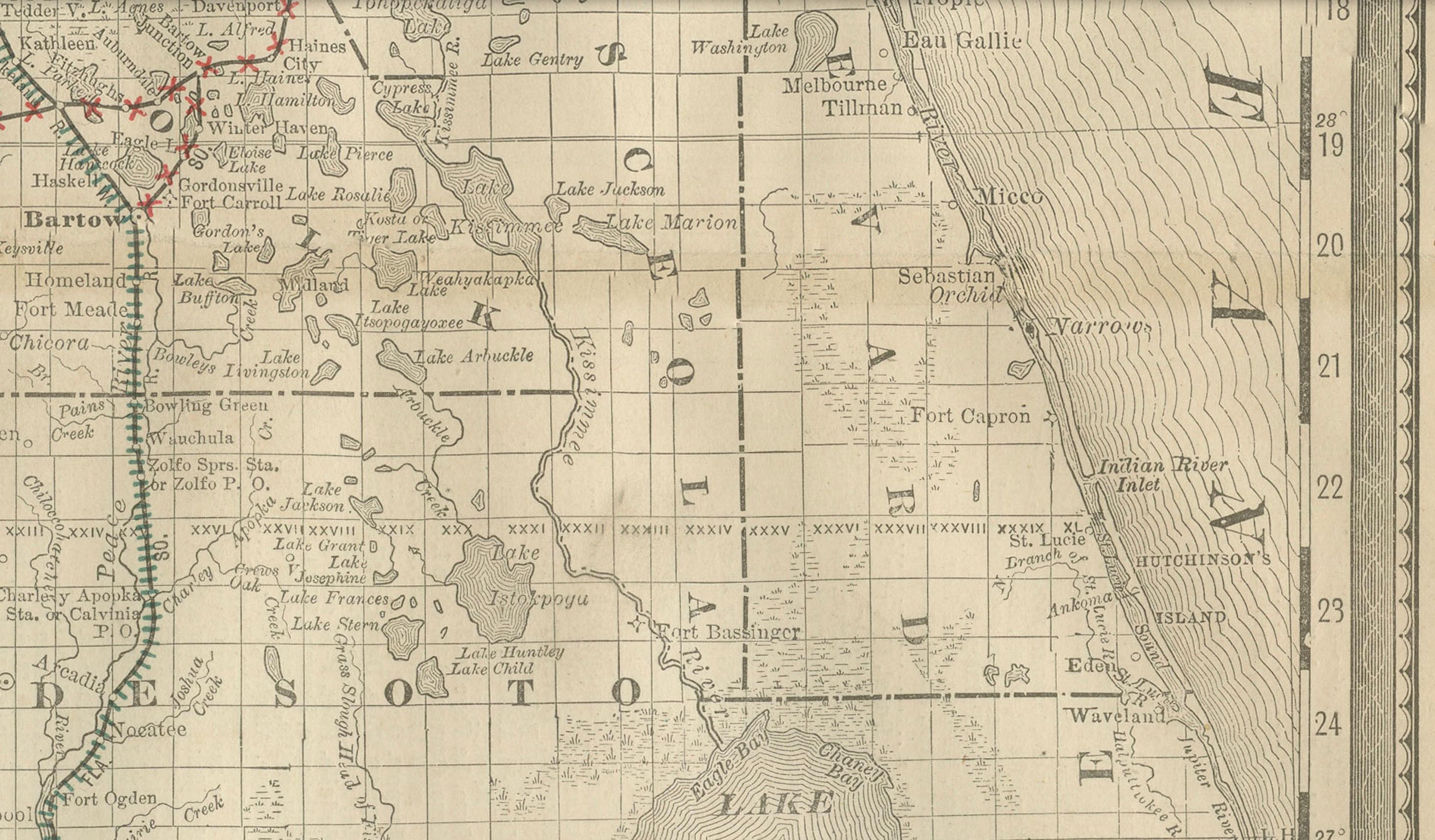 Florida 1888 Mapa Antiguo - Ferrocarriles, Asentamientos y Detalles de la Costa del Golfo siglo XIX en venta