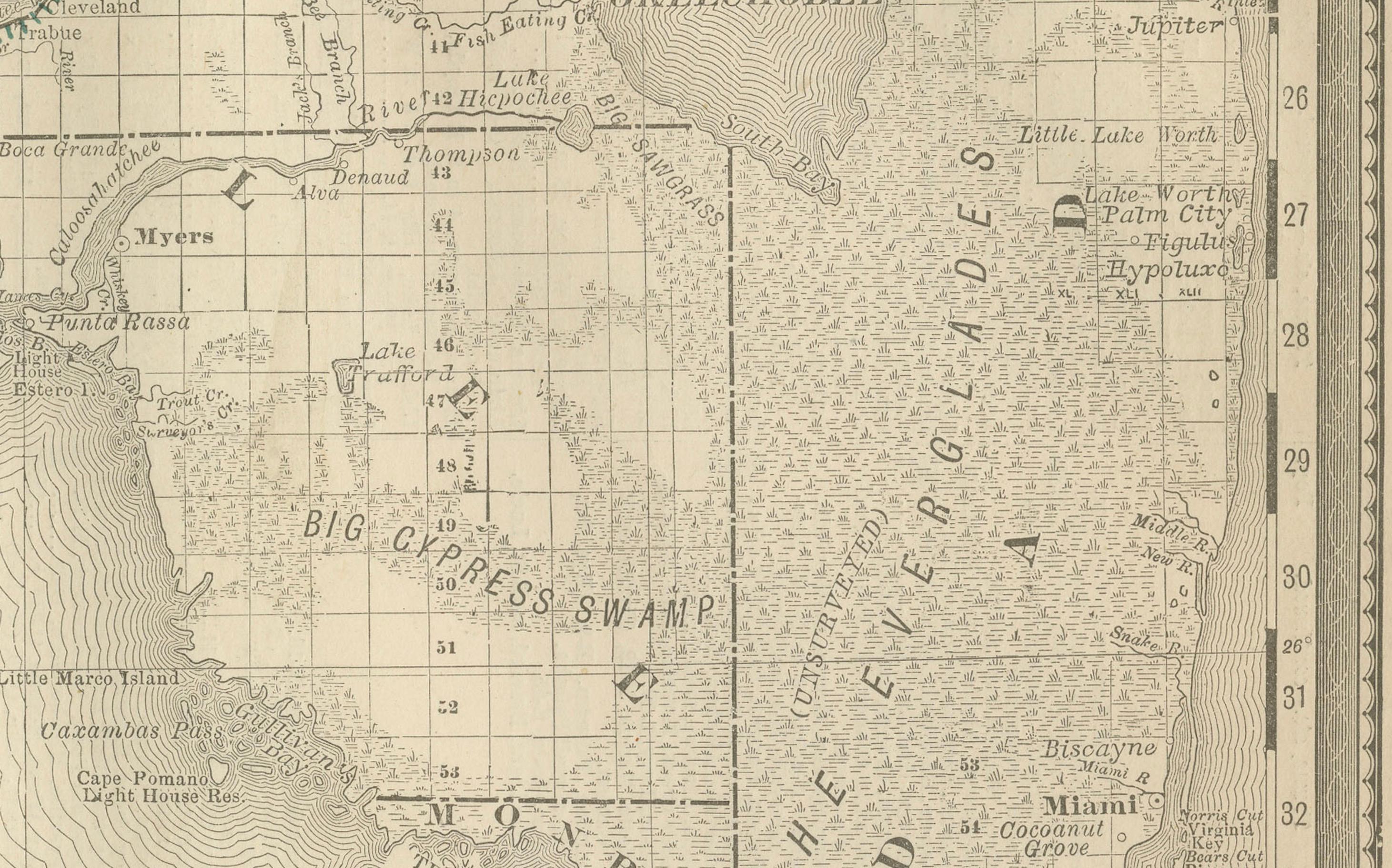 Florida 1888 Mapa Antiguo - Ferrocarriles, Asentamientos y Detalles de la Costa del Golfo Papel en venta