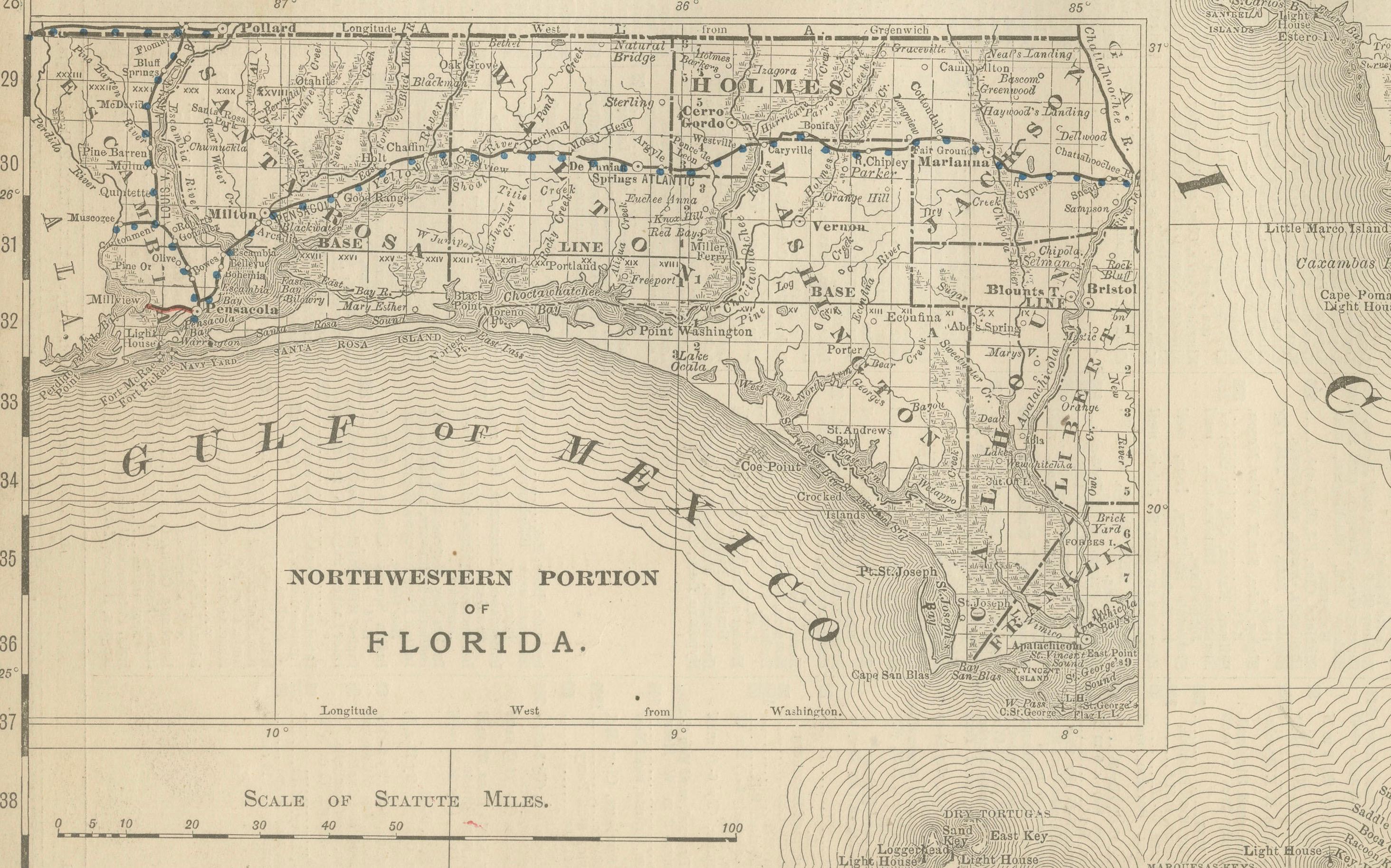 Florida 1888 Mapa Antiguo - Ferrocarriles, Asentamientos y Detalles de la Costa del Golfo en venta 2