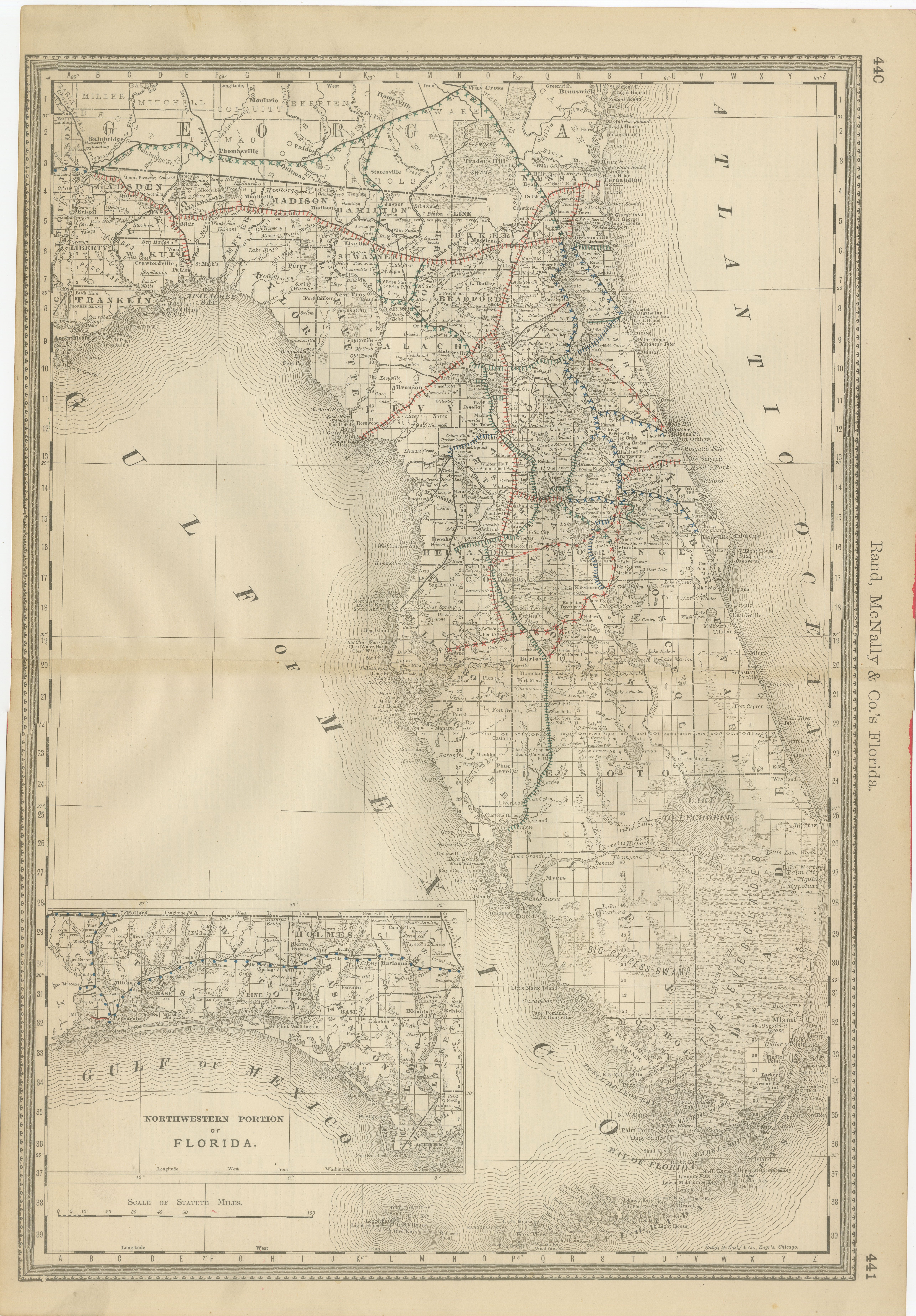 Florida 1888 Antique Map - Railroads, Settlements & Gulf Coast Detail