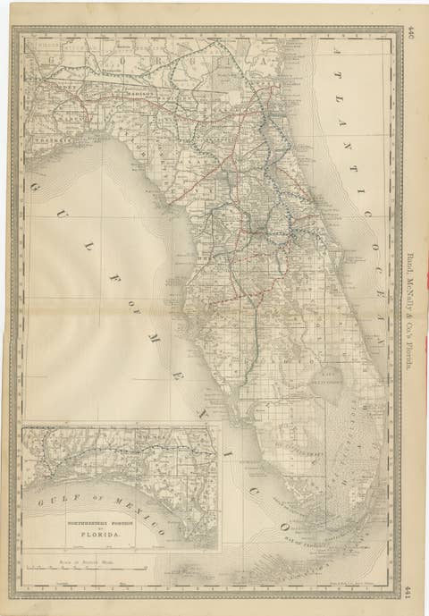Florida 1888 Antique Map – Railroads, Settlements & Gulf Coast Detail