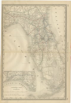 Mappa antica della Florida del 1888 - Dettaglio ferrovie, insediamenti e costa del Golfo