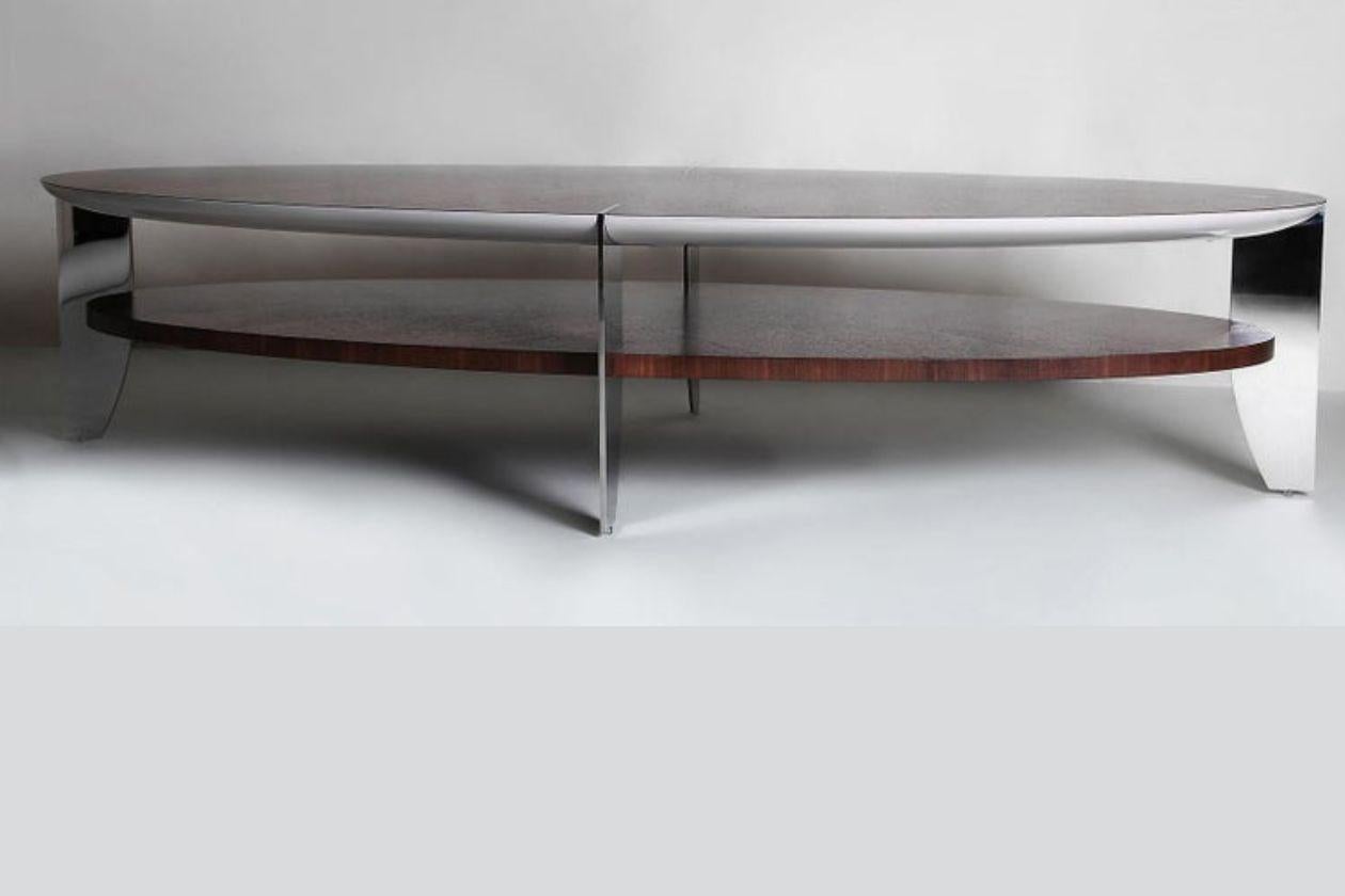 Modern Florida, Coffee Table in Rosewood and Grey Shell with Stainless Steel Legs For Sale
