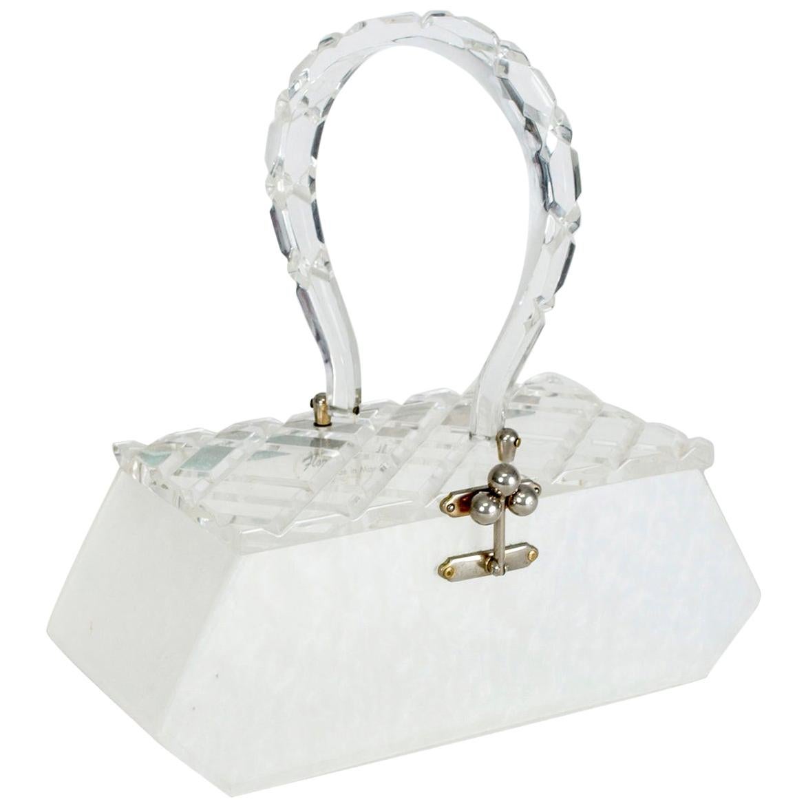 Florida Handbags White Marble and Carved Crystal Lucite Box Purse, 1950s