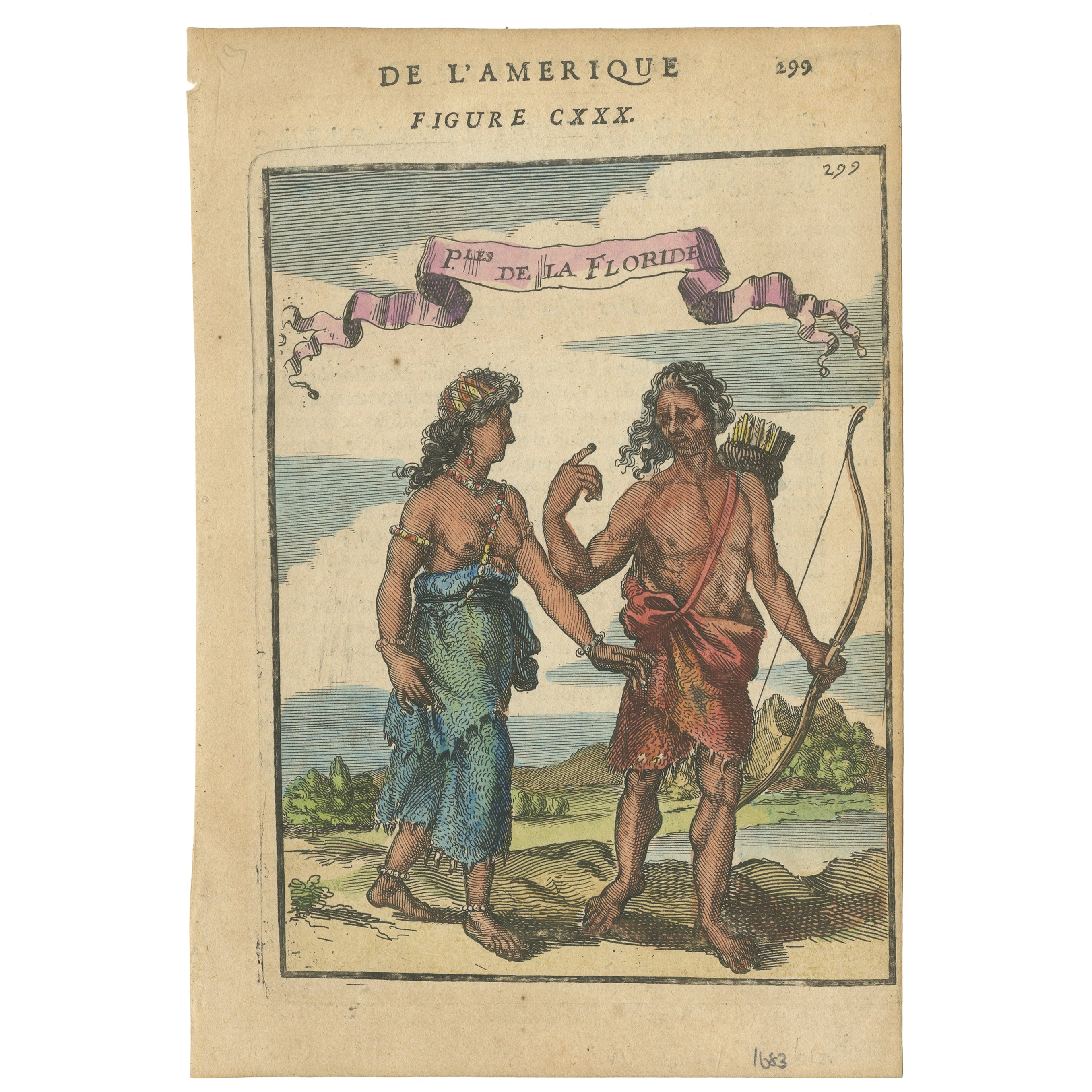 Indiani della Florida, coppia in abiti tradizionali - Incisione Mallet America, 1683