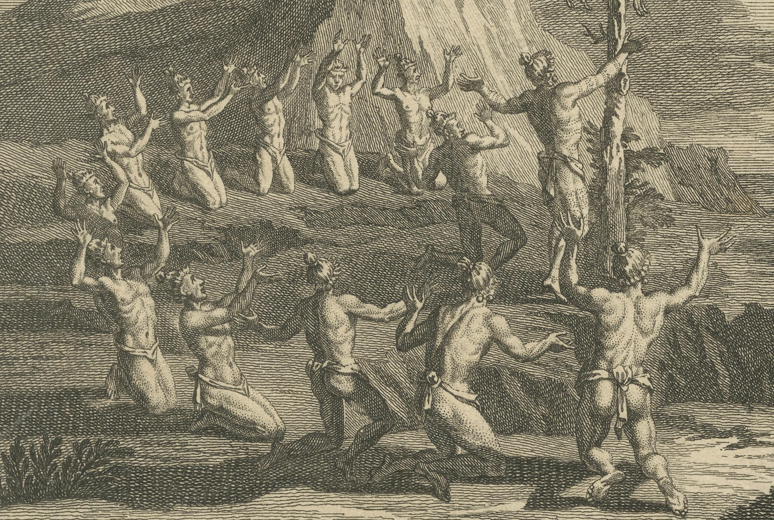 Ritual de Ofrenda al Sol en Florida, 1758: Ceremonia religiosa de los nativos americanos en Bastante bueno estado para la venta en Langweer, NL