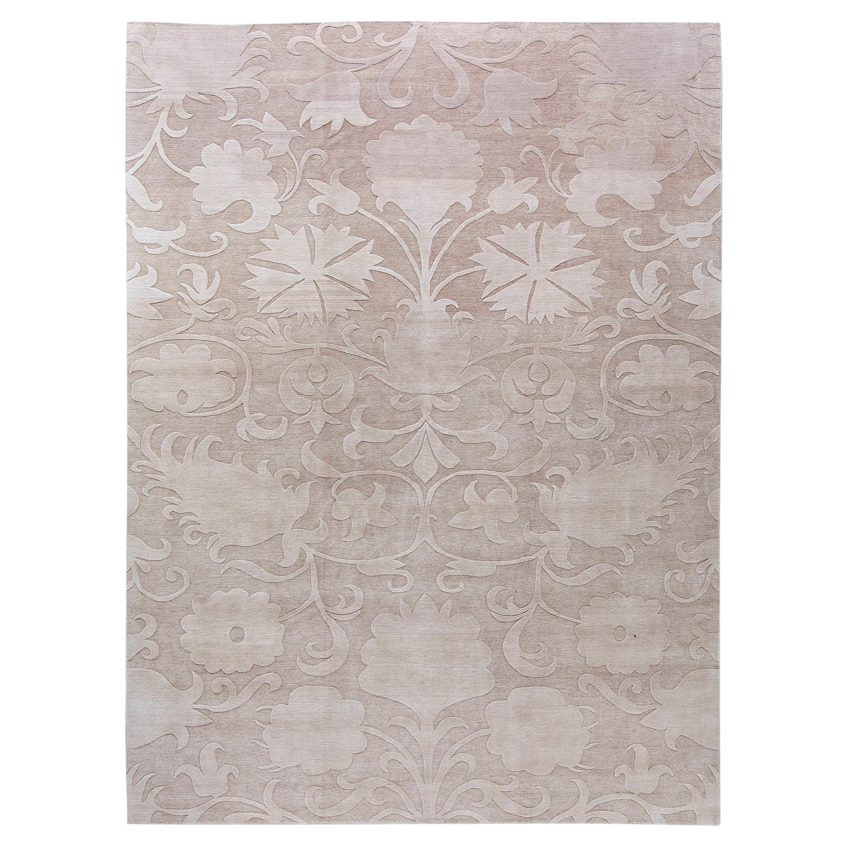 "Floriel" Modern Abstract Floral Soft Beige Silk Carpet by Doris Leslie Blau