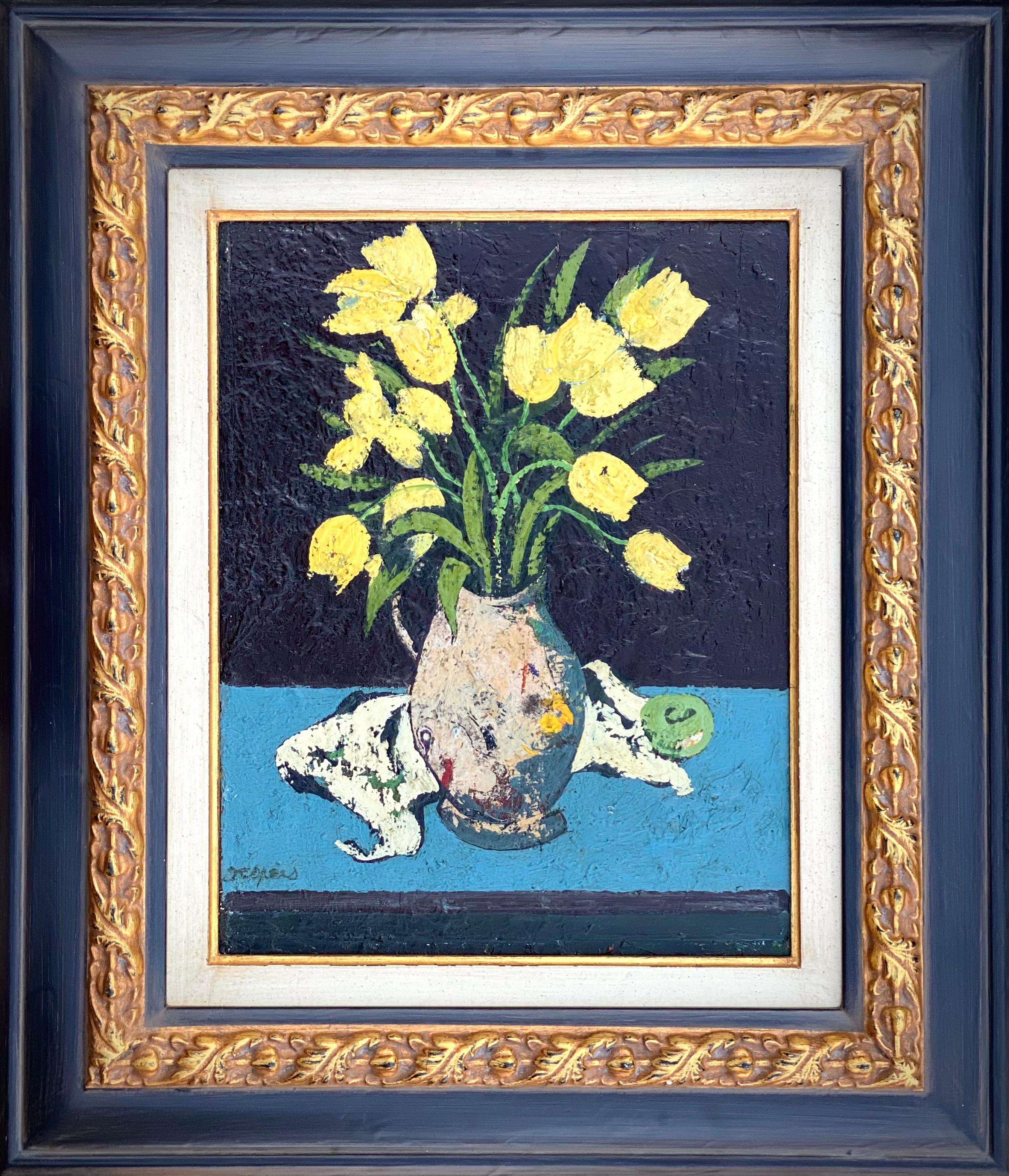 Floris Jespers
Antwerp 1889 – 1965
Belgian Painter

"Yellow Tulips"

In the painting "Yellow Tulips," Floris Jespers showcases his Fauvist prowess, breaking free from representational norms to engage in a vibrant dance of brilliant colors. This