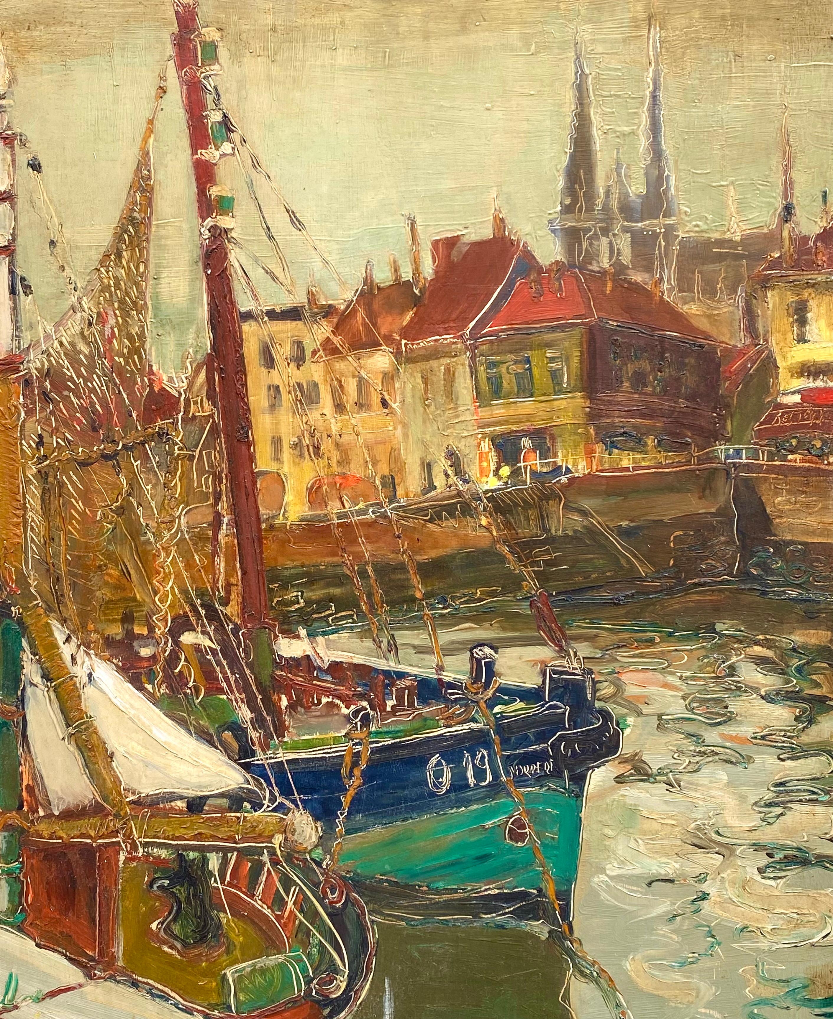 Pintura original al óleo sobre masonita de un muelle belga, obra del artista Flory Roland.  Firmado abajo a la derecha por el artista. Alrededor de 1955.  El estado es muy bueno.  El cuadro se presenta en un marco de época de gesso sobre madera con